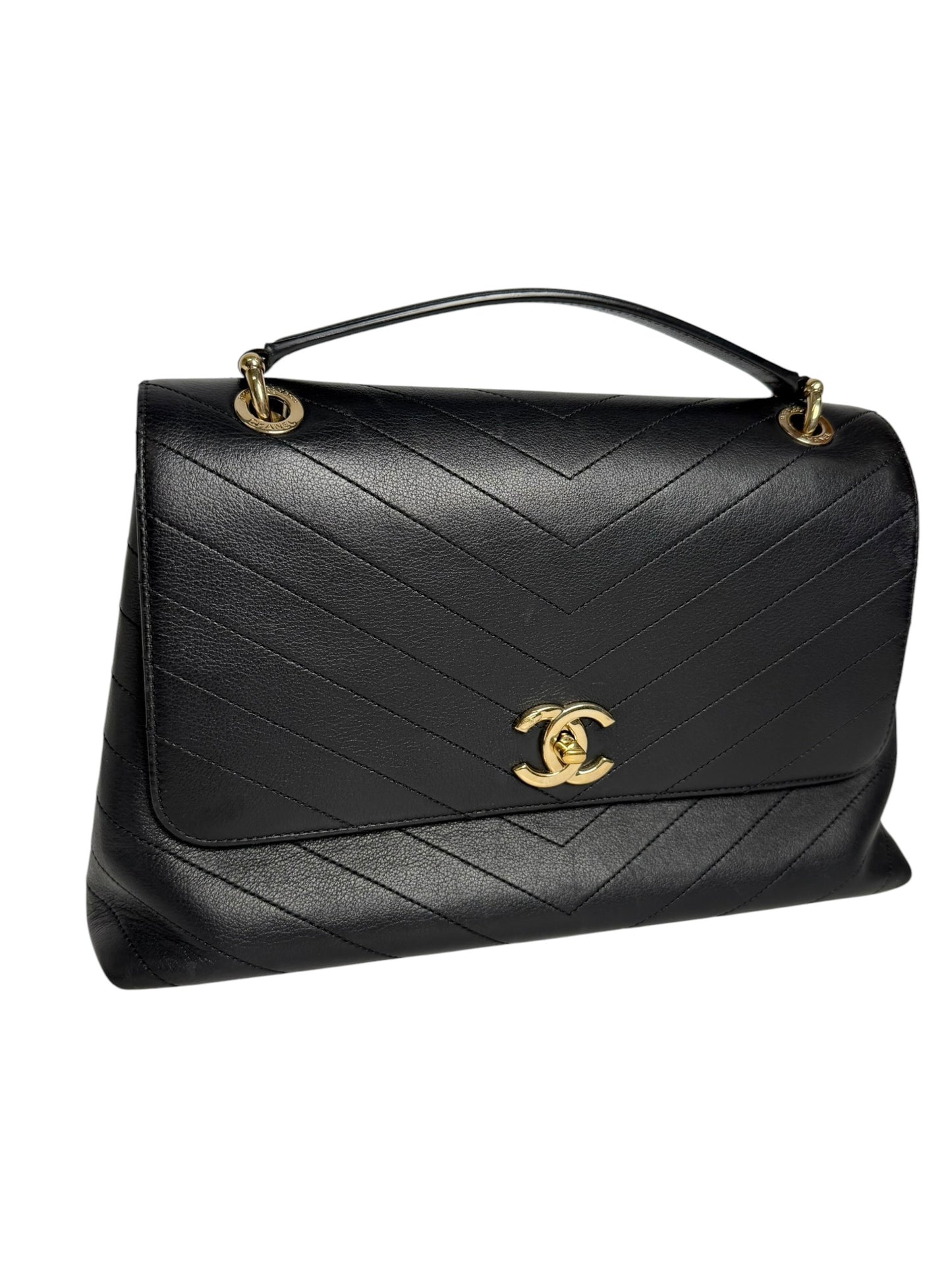 Chanel Black Chevron Medium Top Handle Bag T7675