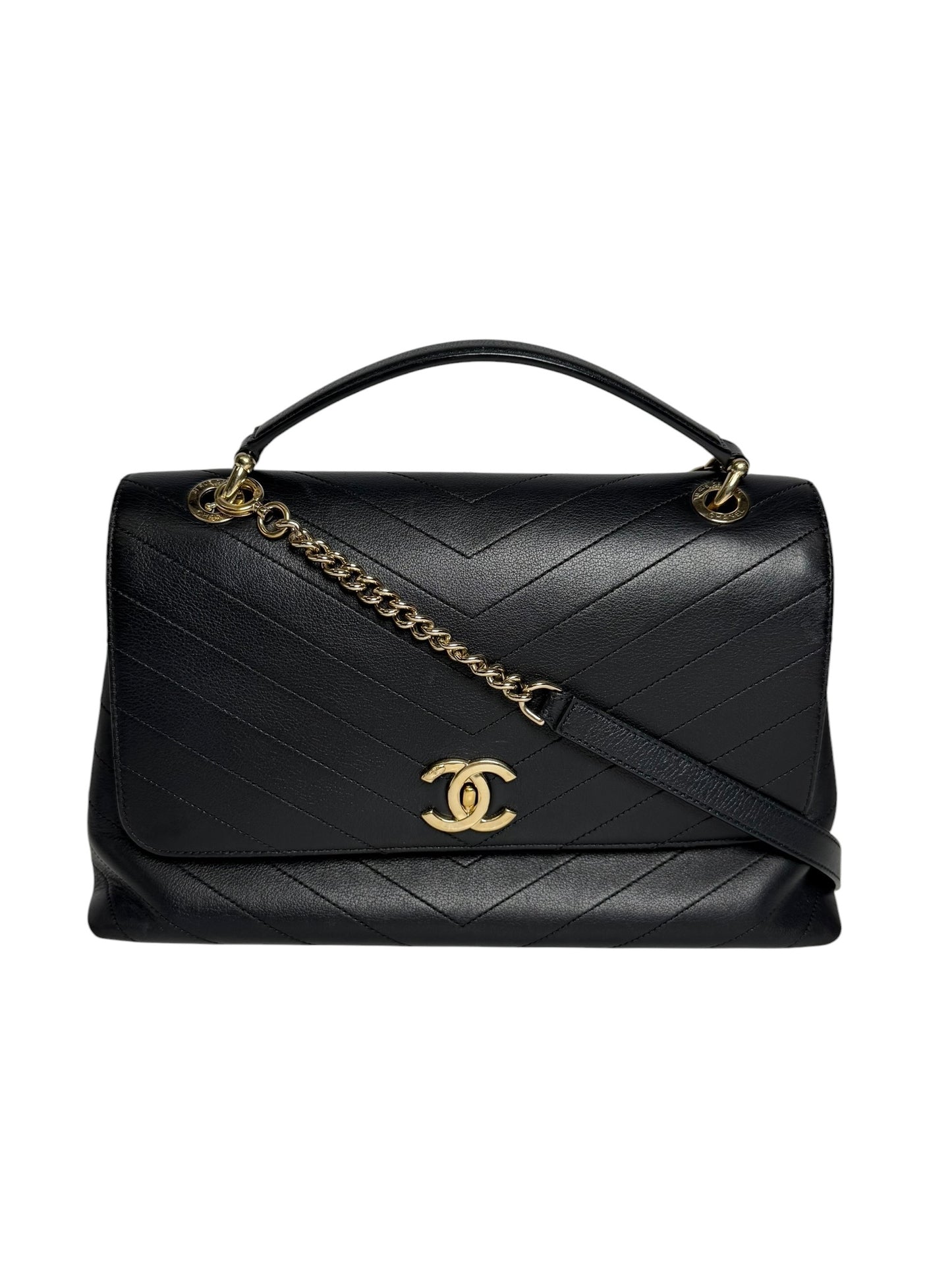 Chanel Black Chevron Medium Top Handle Bag T7675