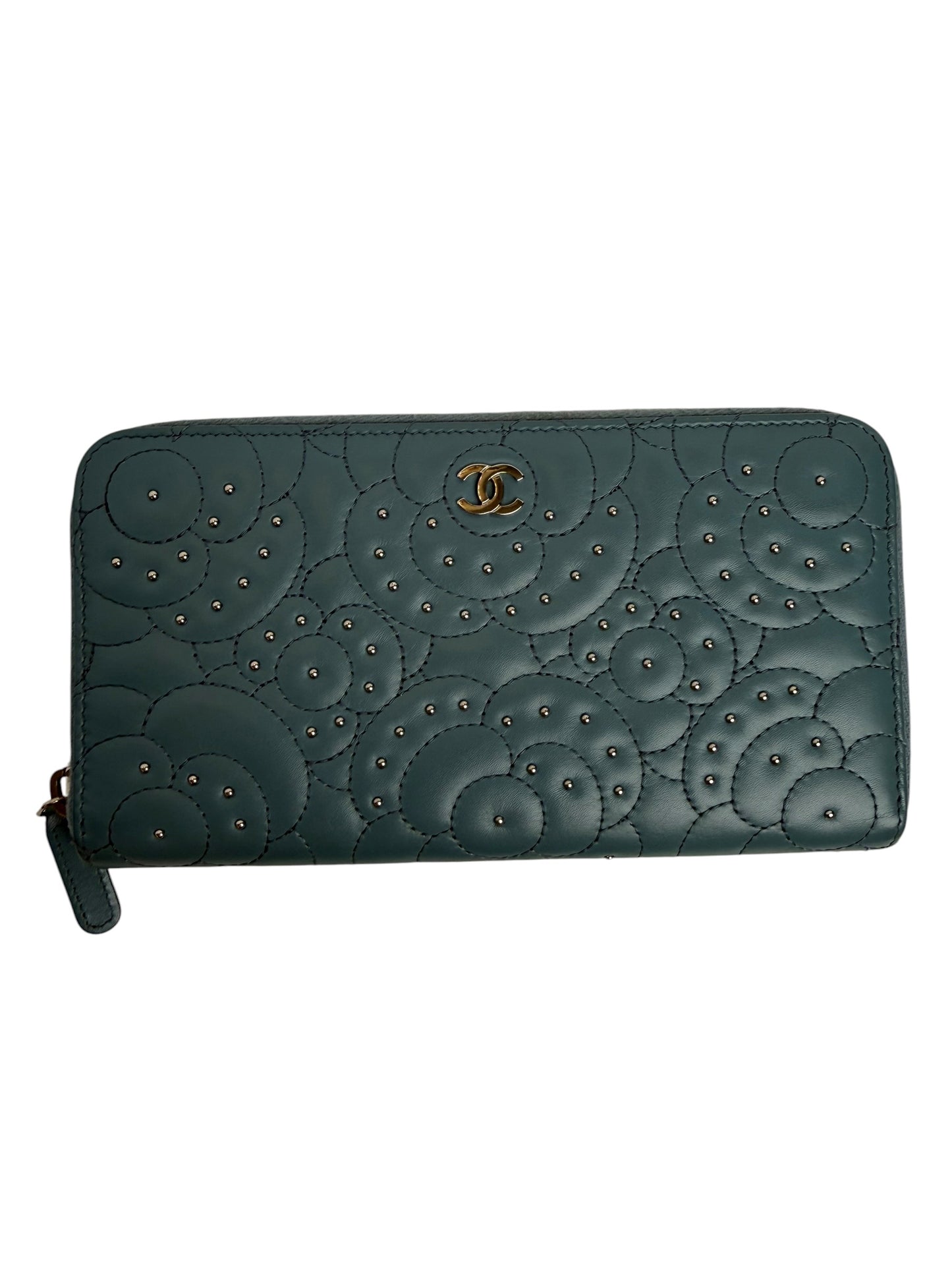 Chanel Blue Camelia Stud Zip Wallet T5339