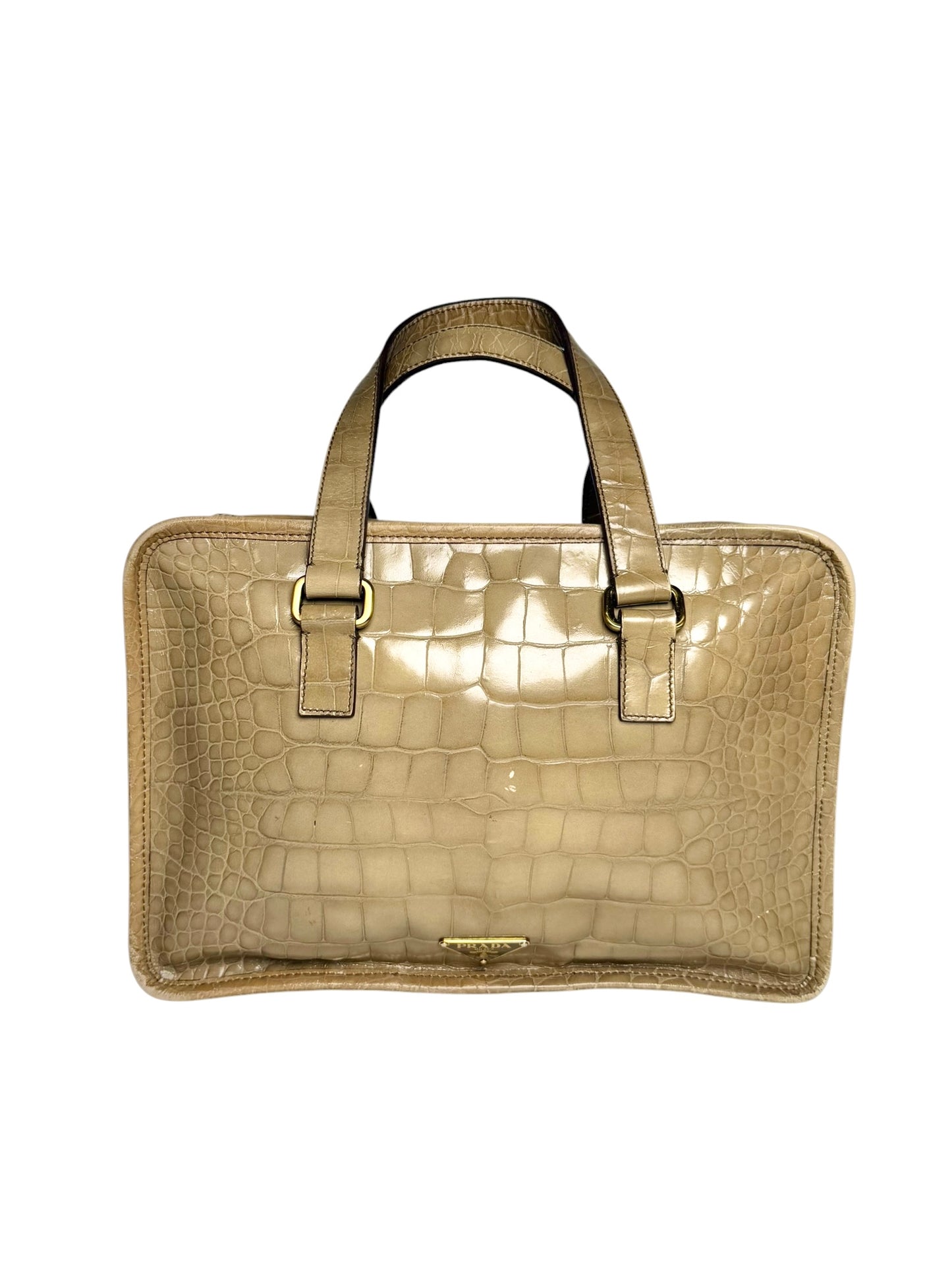 Prada Brown Crocodile Embossed St.Cocco Bauletto Handle Bag T8422