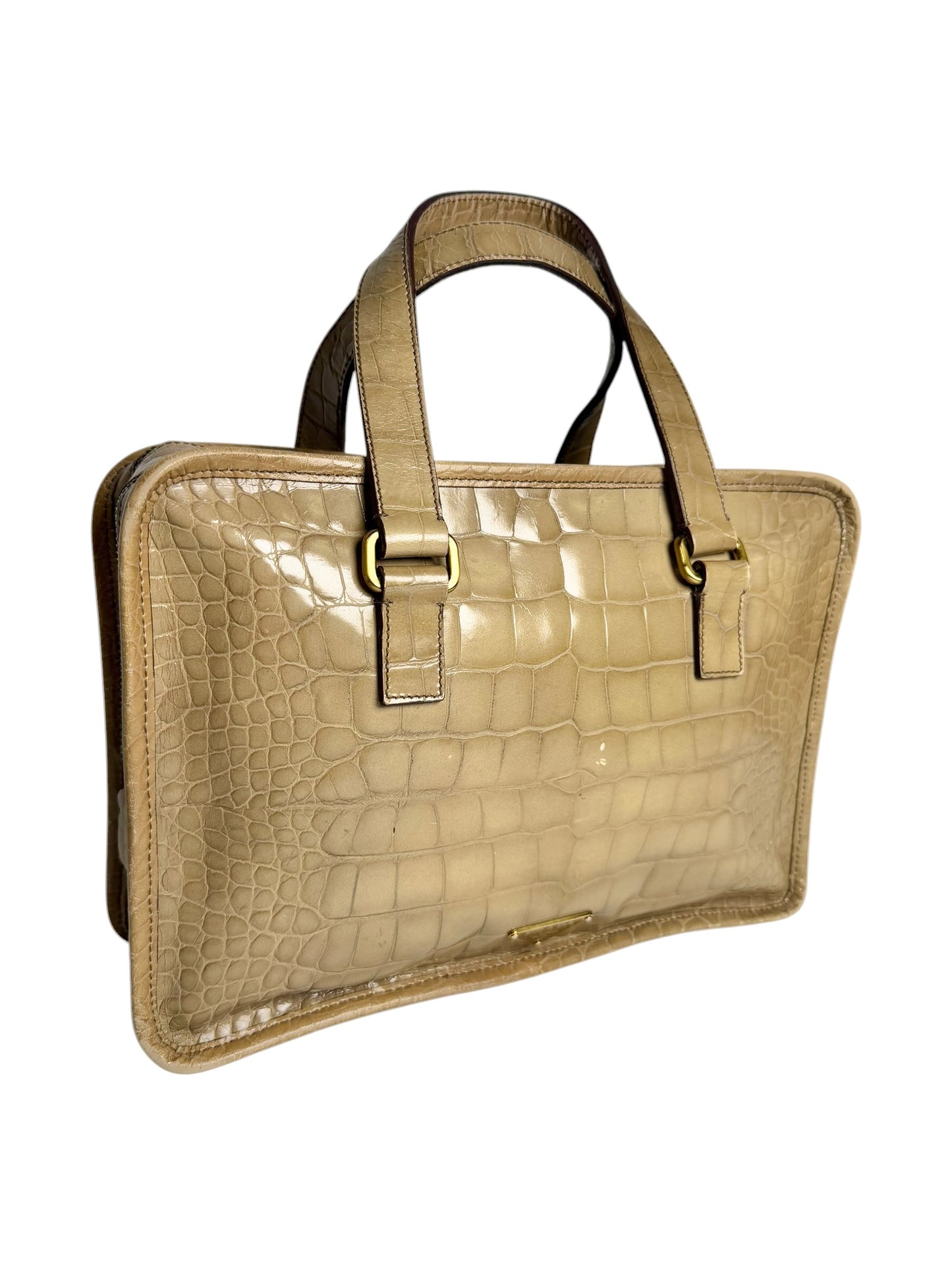 Prada Brown Crocodile Embossed St.Cocco Bauletto Handle Bag T8422