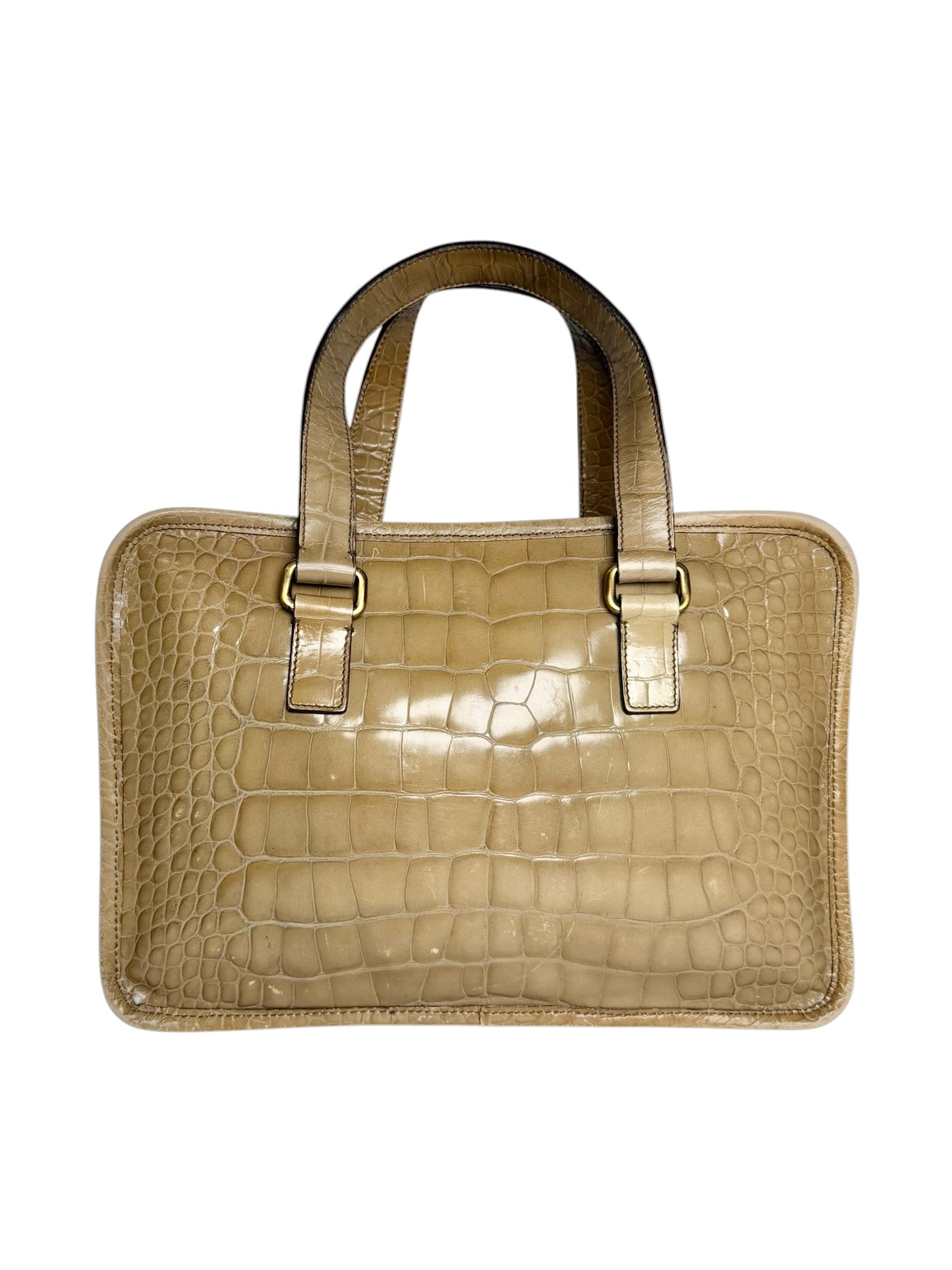 Prada Brown Crocodile Embossed St.Cocco Bauletto Handle Bag T8422