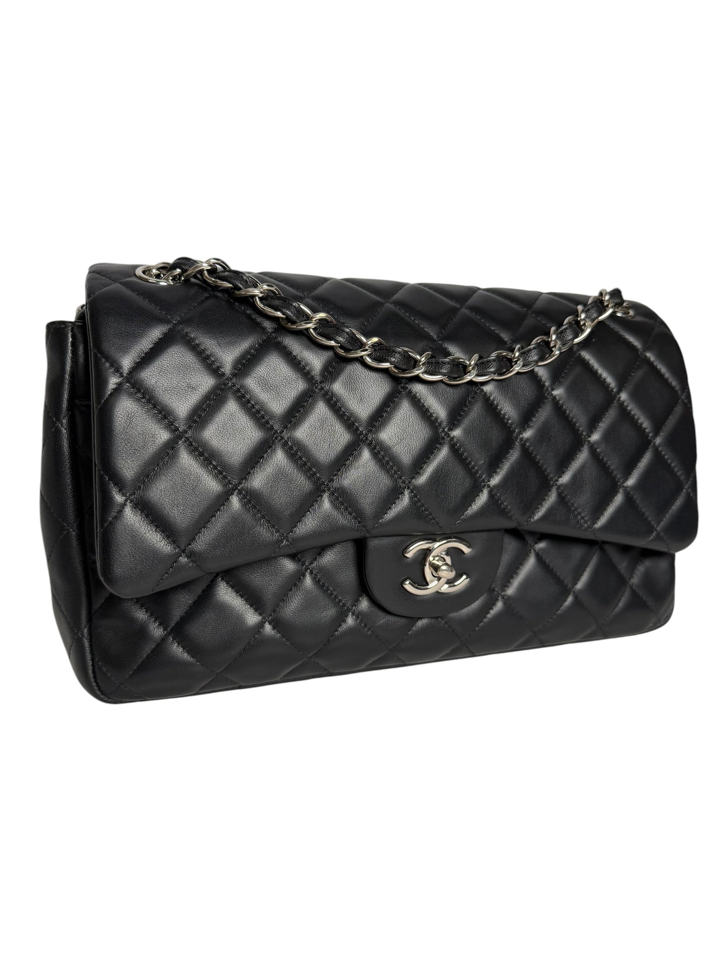 Chanel Black Lambskin Jumbo Classic Double Flap SHW T7969