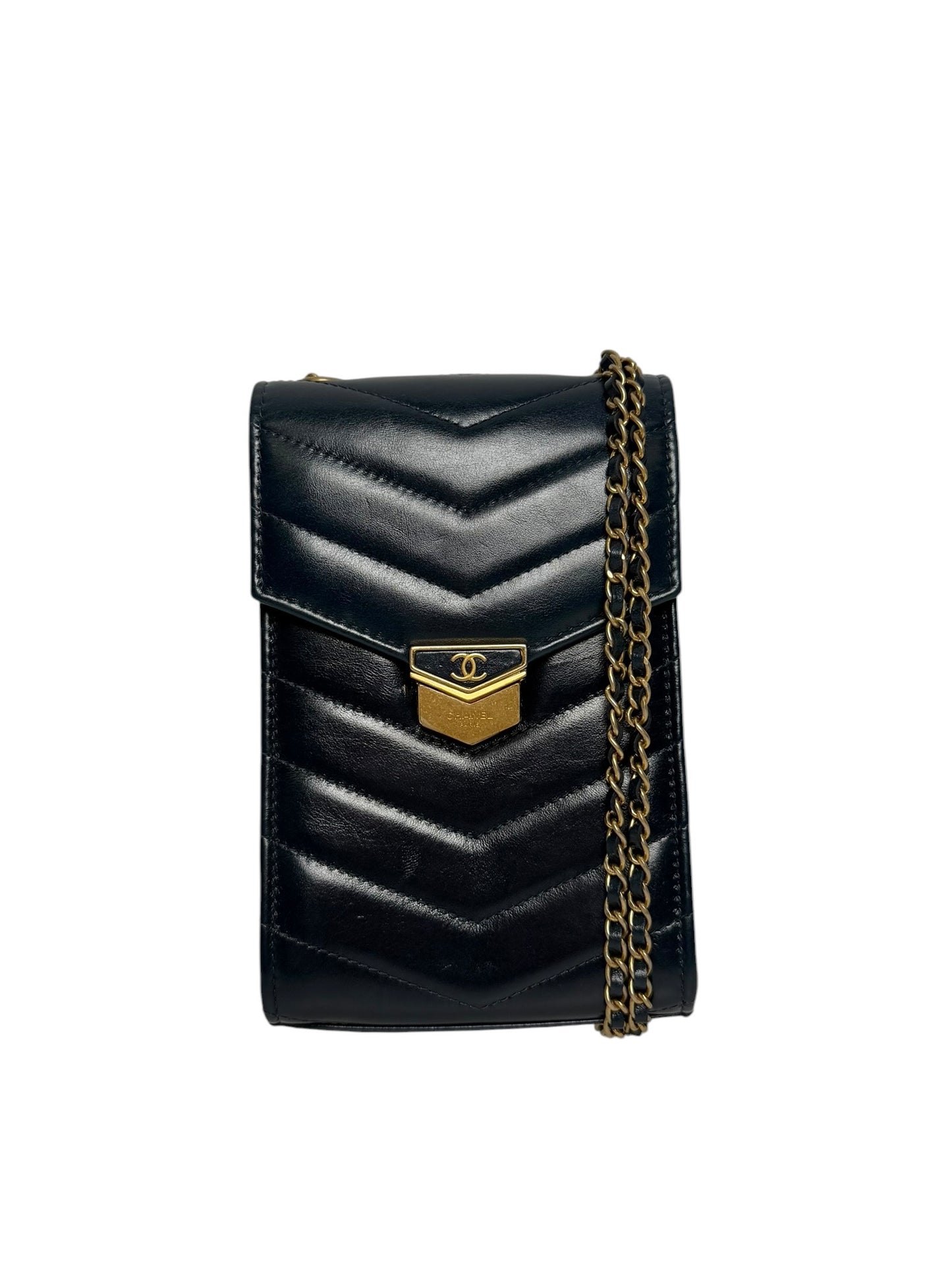 Chanel Navy Chevron Phone Holder Aged Gold Hardware T5353