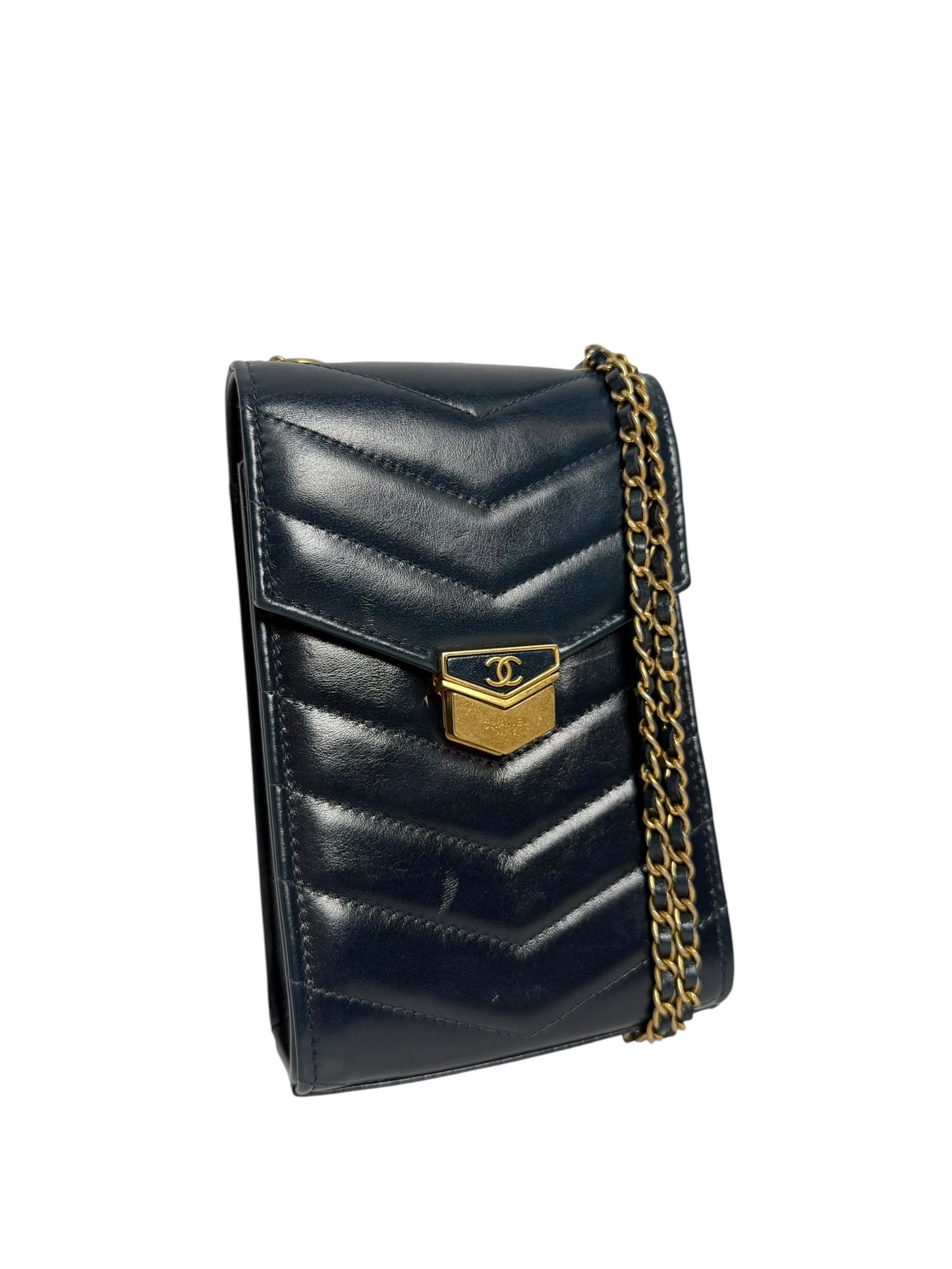 Chanel Navy Chevron Phone Holder Aged Gold Hardware T5353