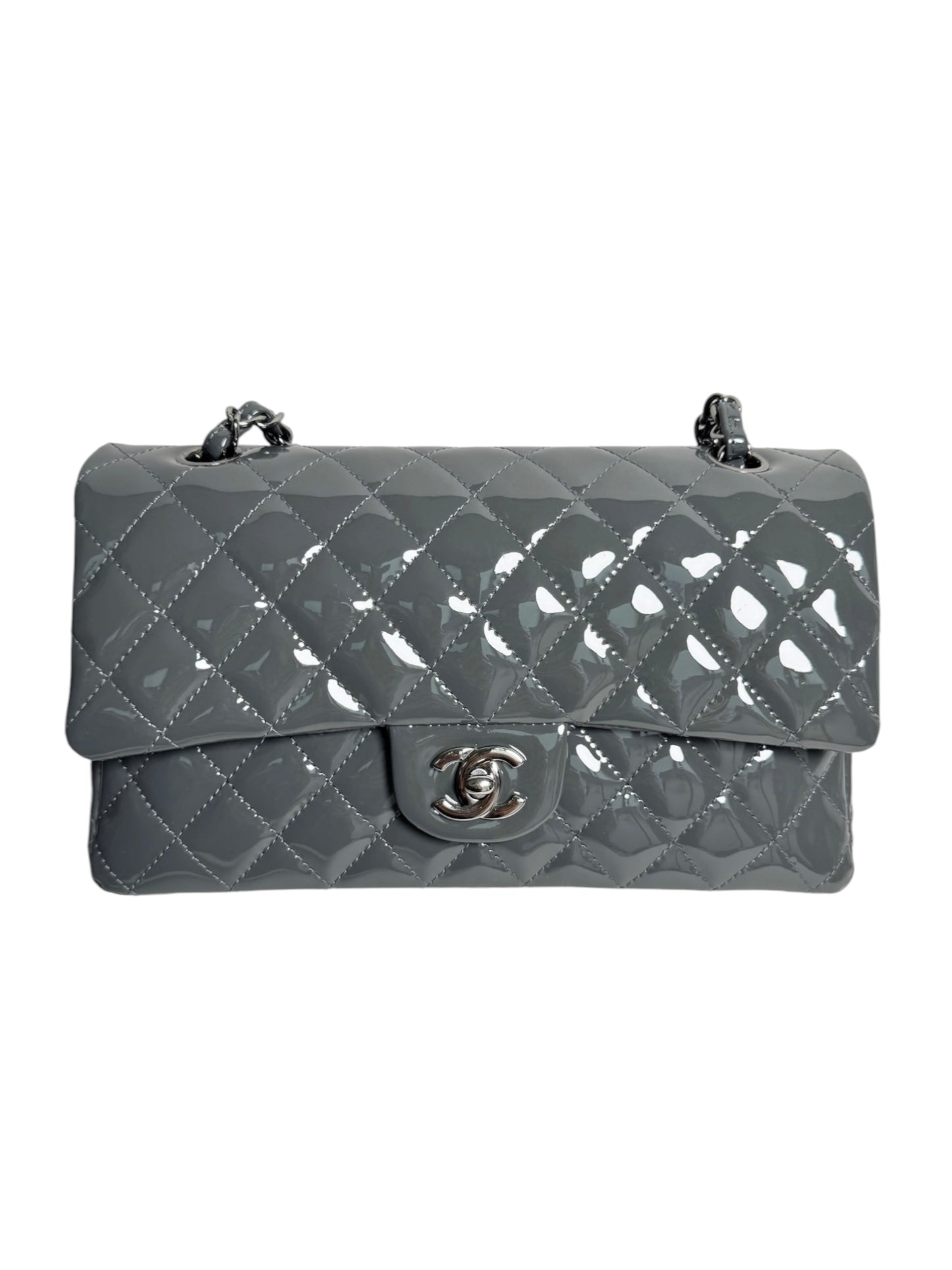 Chanel Patent Grey Medium Classic Double Flap T8661