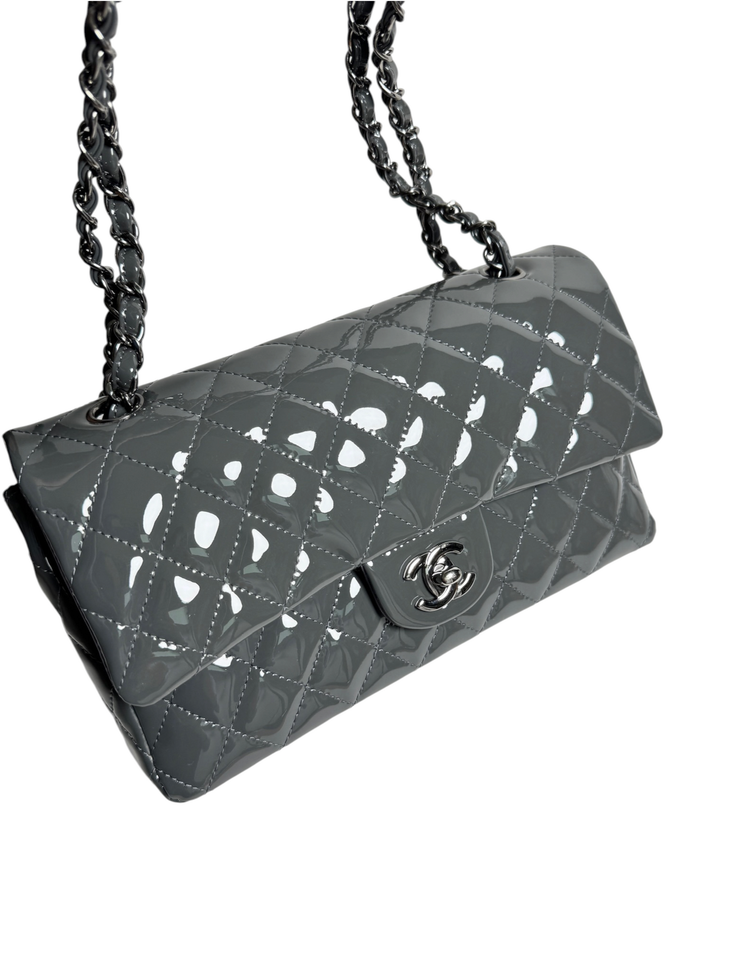 Chanel Patent Grey Medium Classic Double Flap T8661