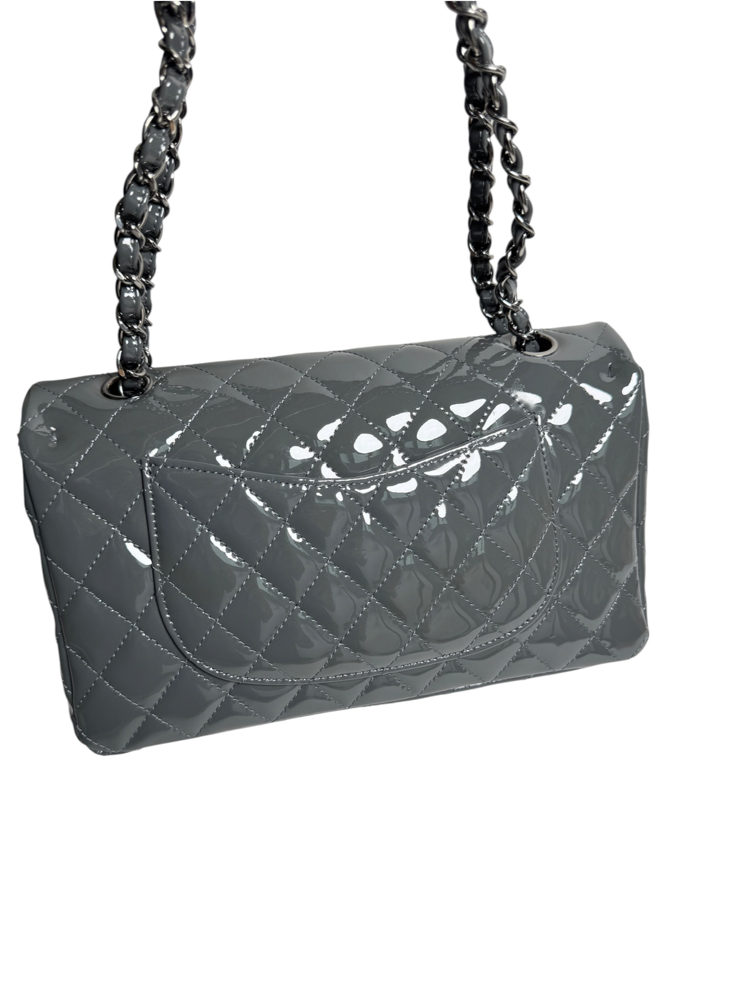 Chanel Patent Grey Medium Classic Double Flap T8661