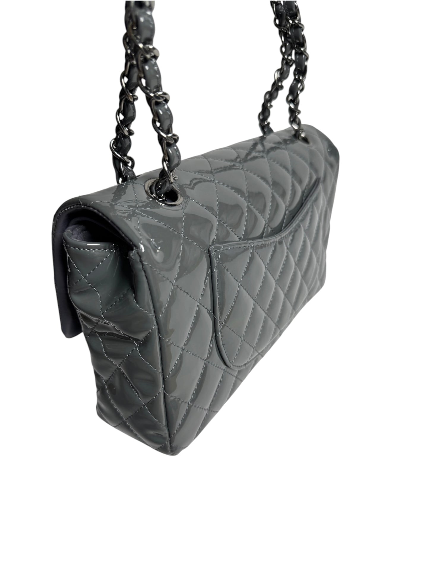 Chanel Patent Grey Medium Classic Double Flap T8661