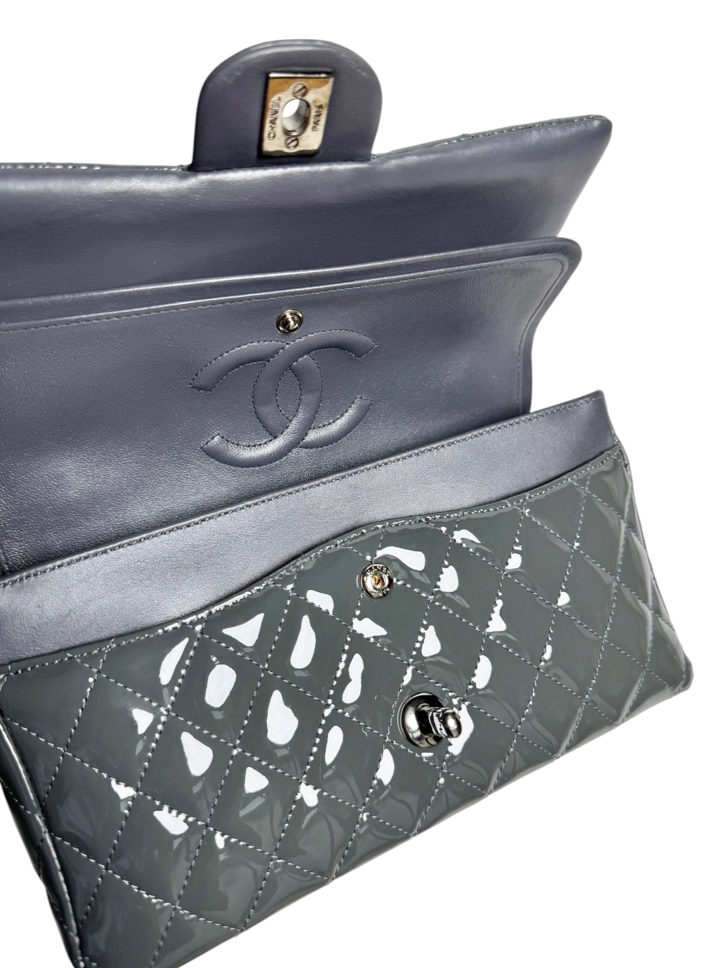 Chanel Patent Grey Medium Classic Double Flap T8661