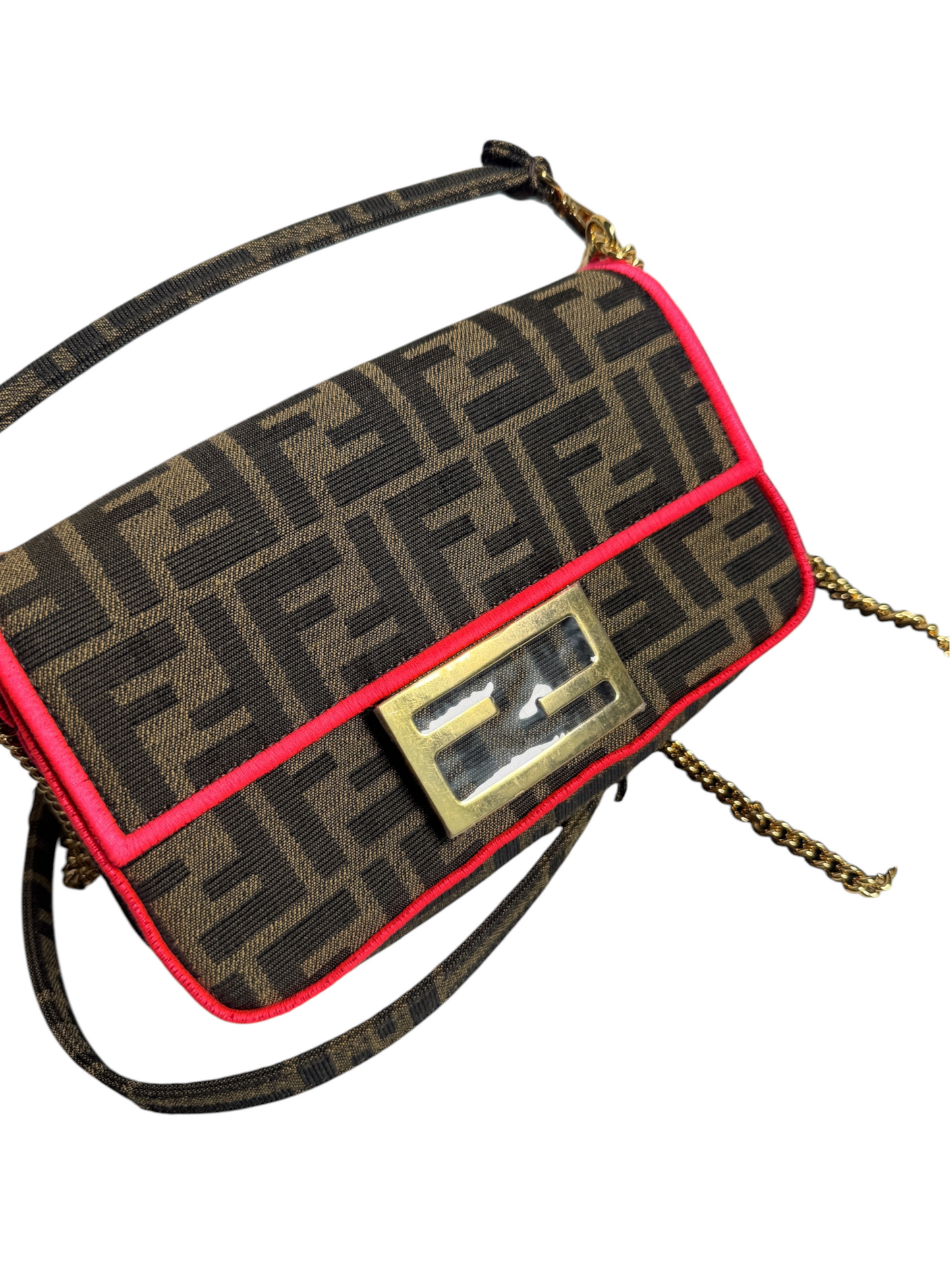 Fendi Zucca Canvas Mini Baguette Pink Edge T8763