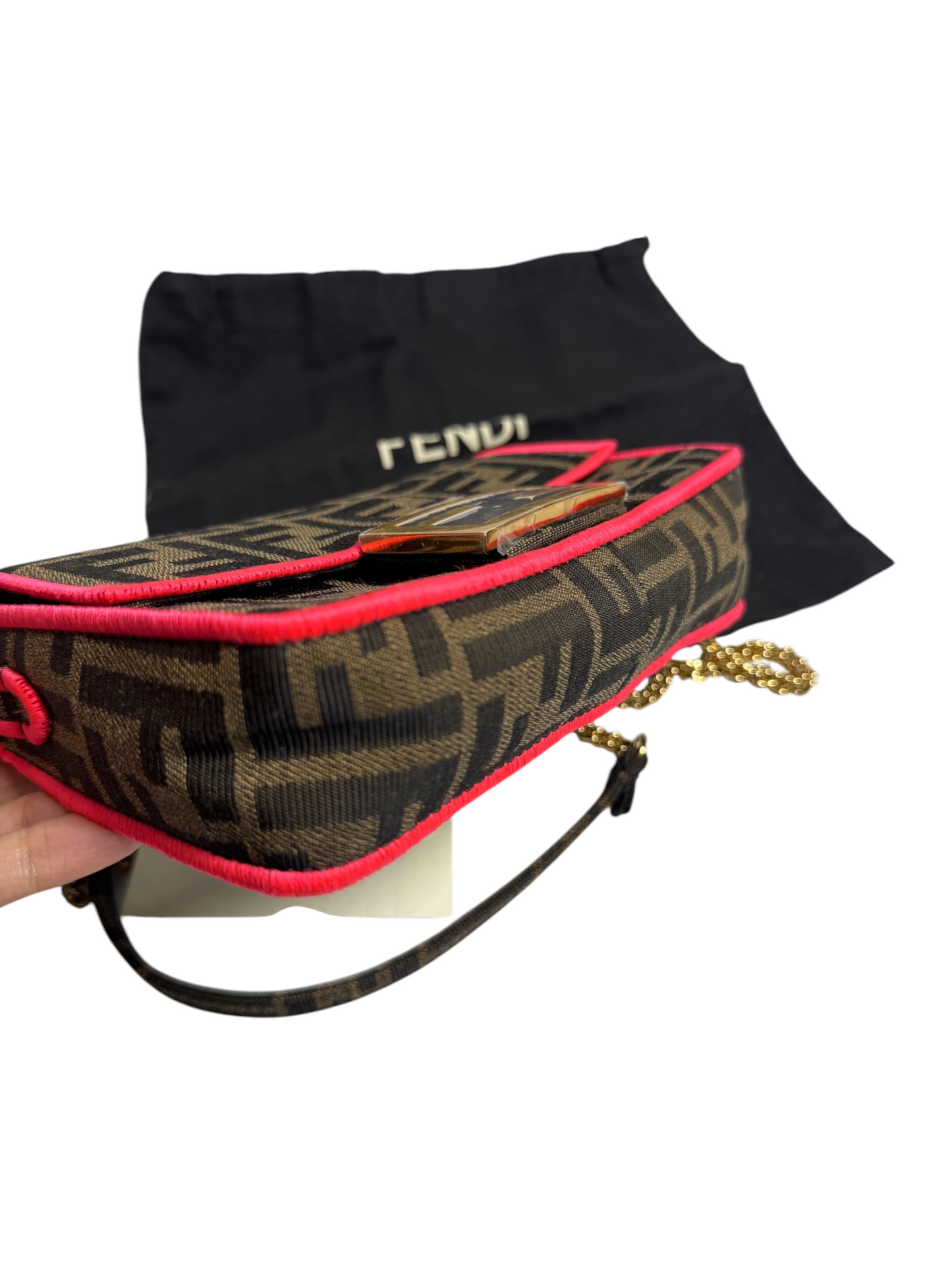 Fendi Zucca Canvas Mini Baguette Pink Edge T8763