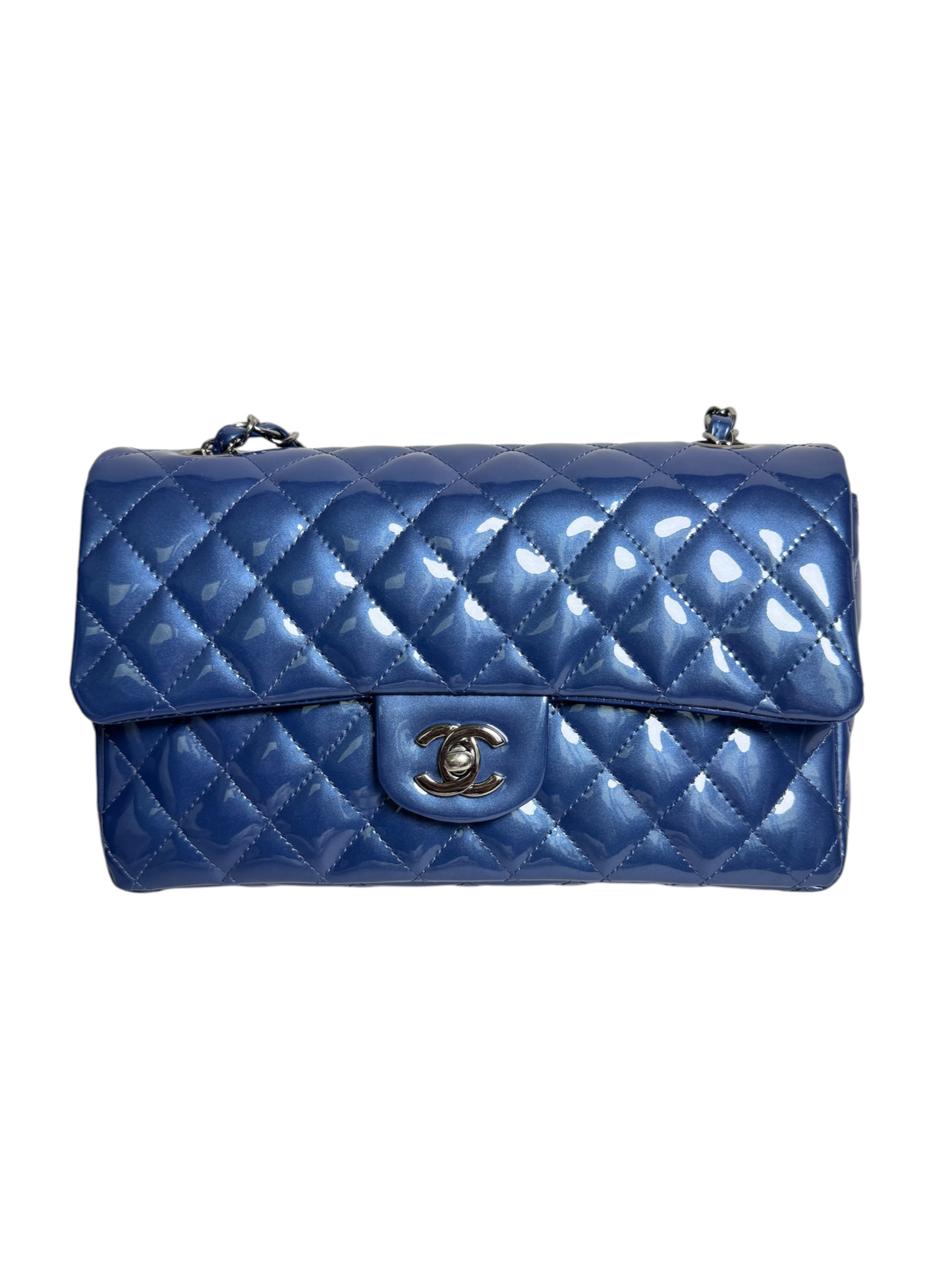 Chanel Blue Patent Classic Medium Double Flap SHW T8766