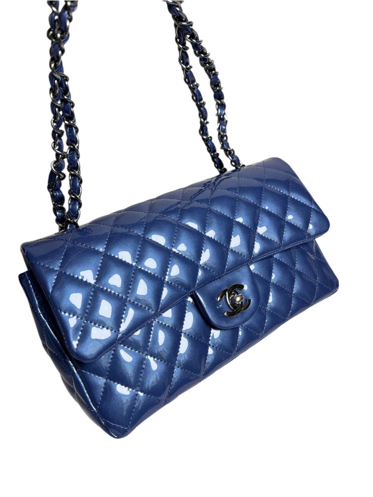 Chanel Blue Patent Classic Medium Double Flap SHW T8766