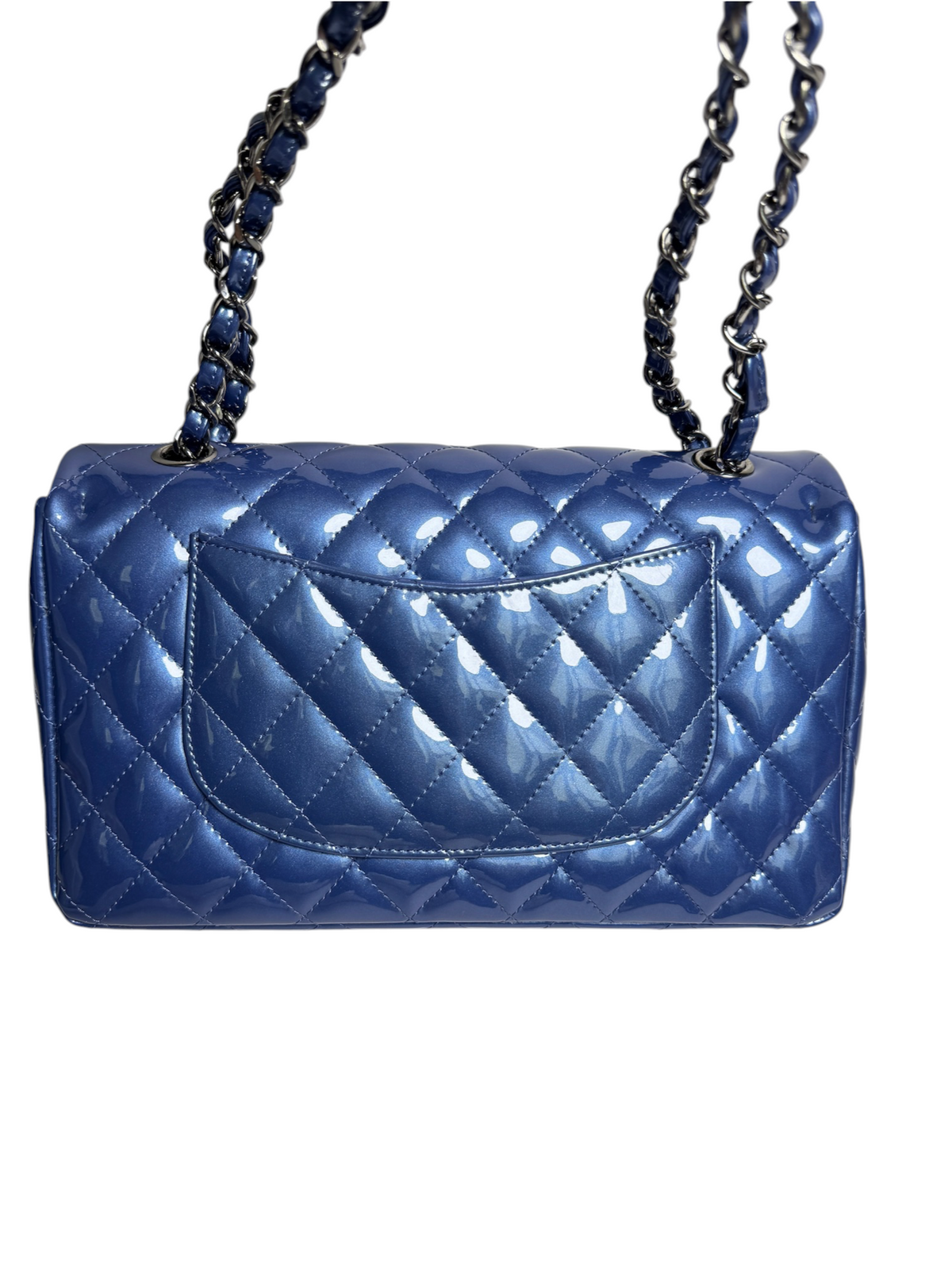 Chanel Blue Patent Classic Medium Double Flap SHW T8766