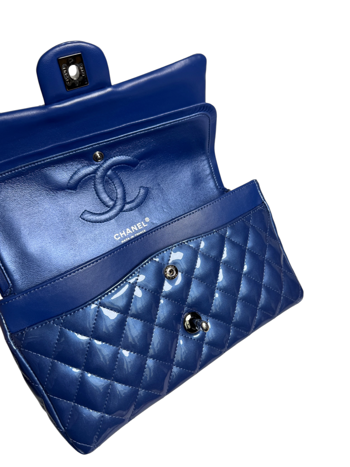 Chanel Blue Patent Classic Medium Double Flap SHW T8766