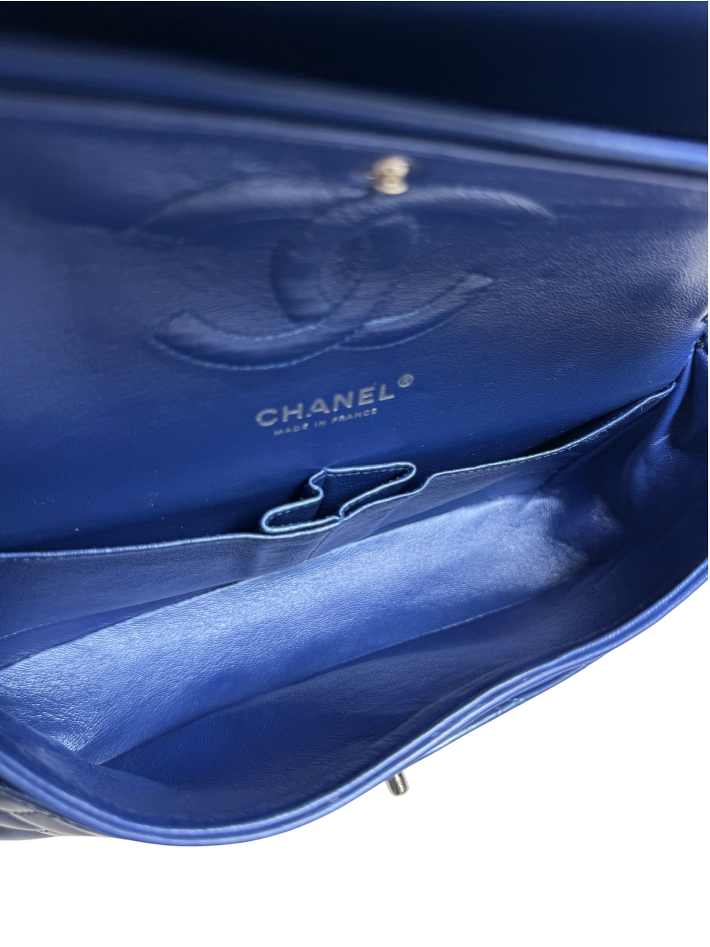 Chanel Blue Patent Classic Medium Double Flap SHW T8766