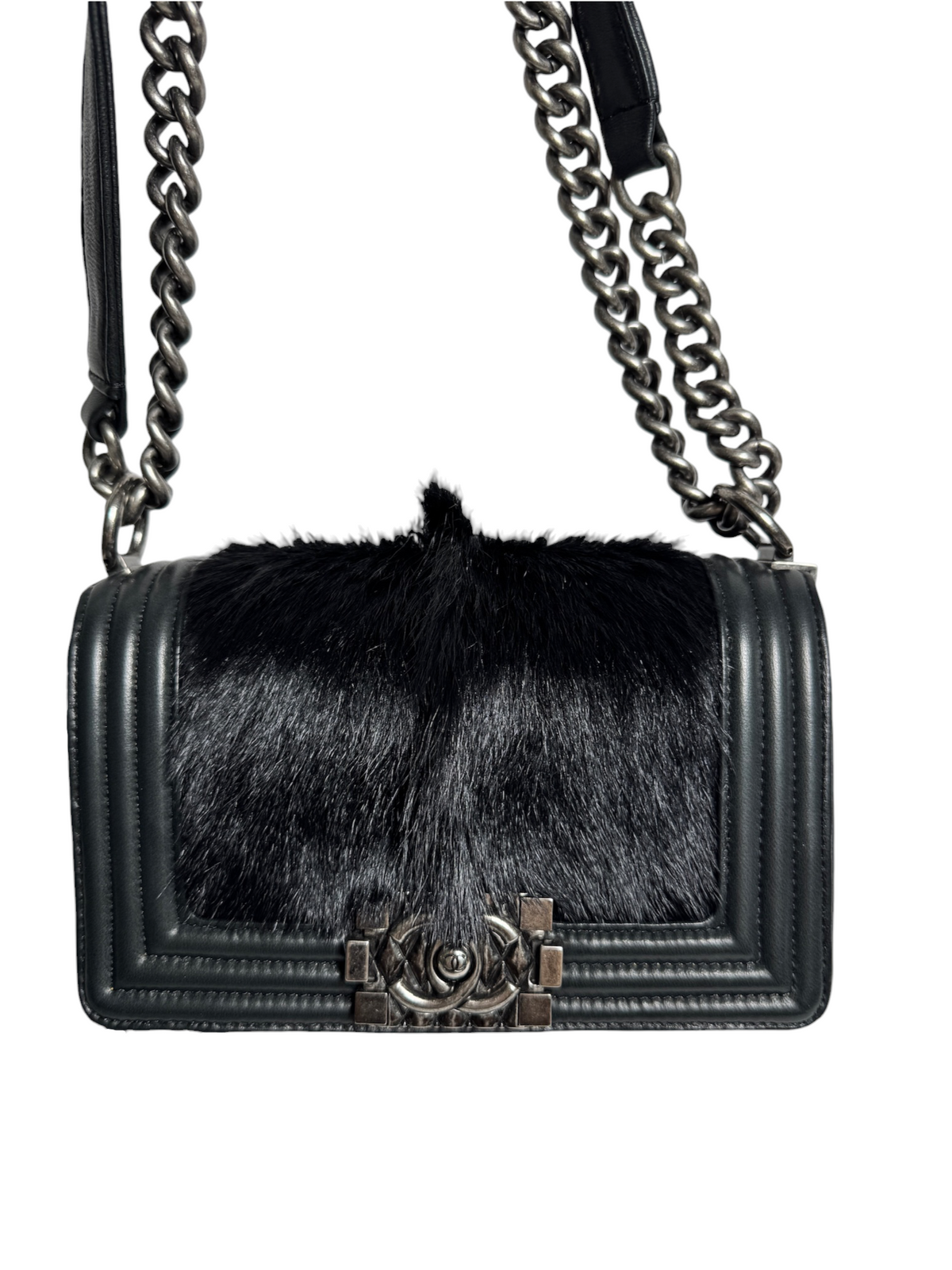 Chanel Goat Hair Small Boy Bag Black RHW T8770