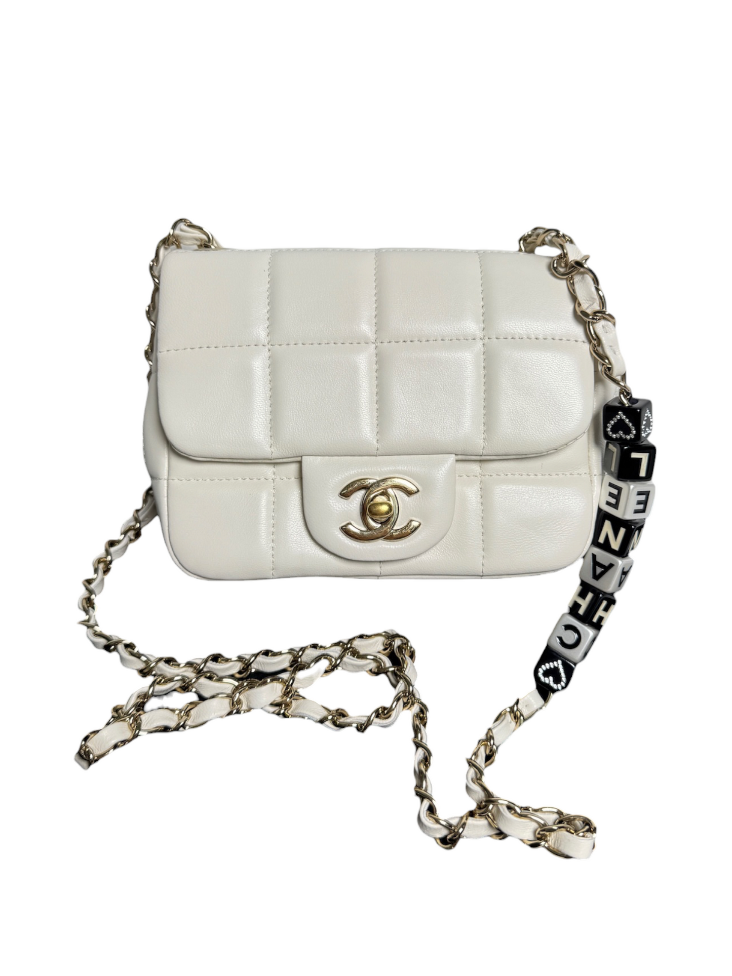 Chanel Square Stitch White Square Mini Charm Chain T8771