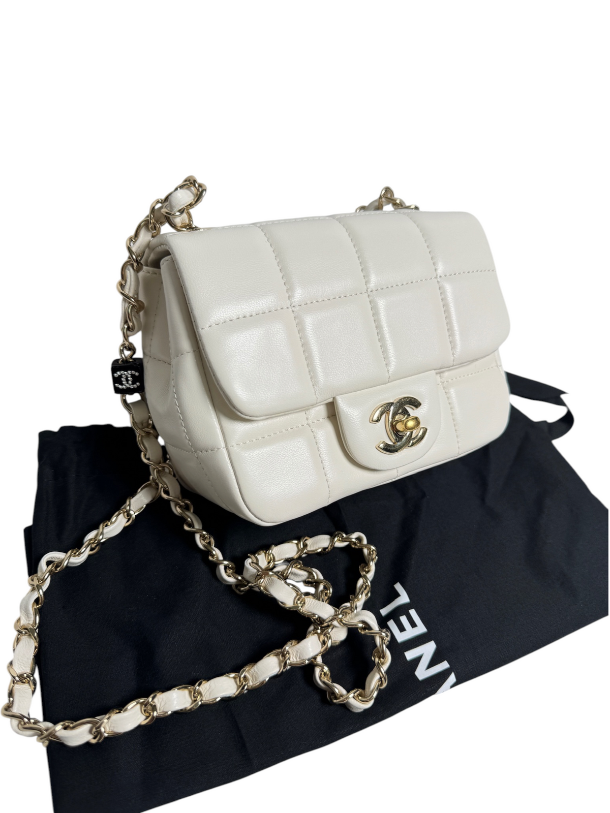 Chanel Square Stitch White Square Mini Charm Chain T8771