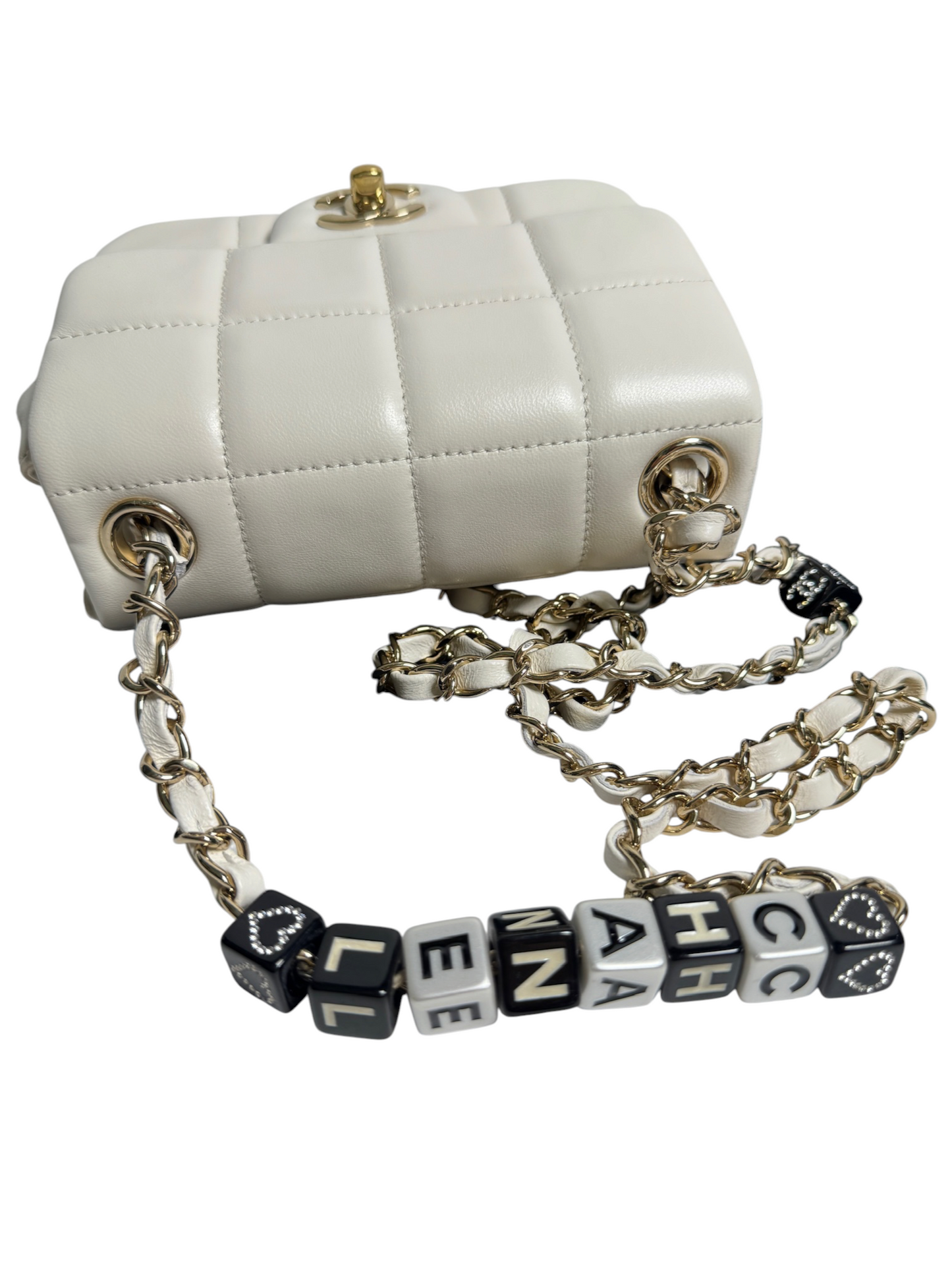 Chanel Square Stitch White Square Mini Charm Chain T8771