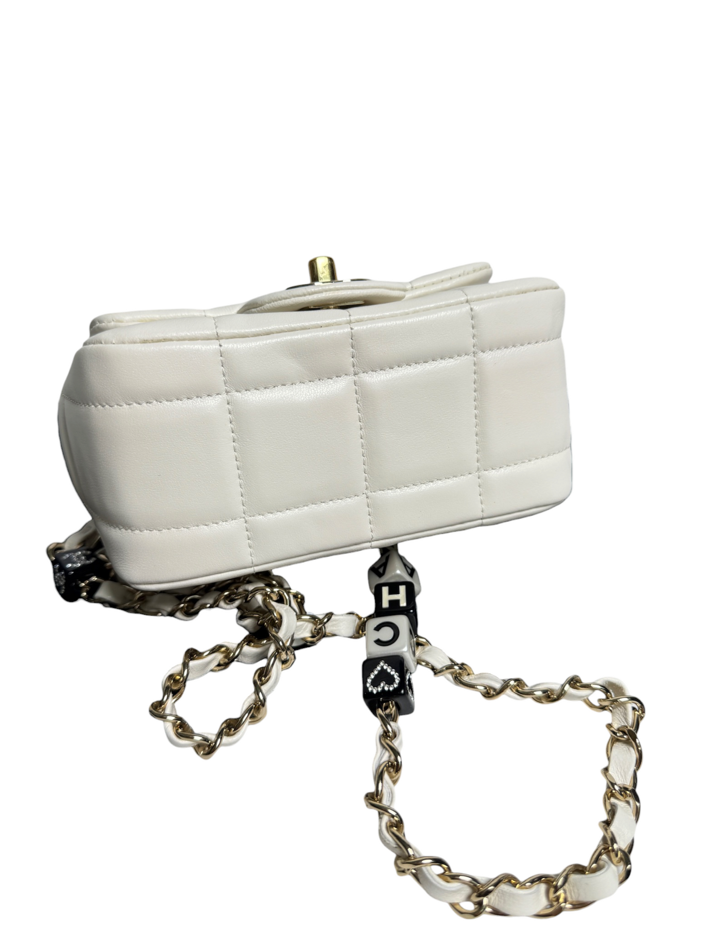Chanel Square Stitch White Square Mini Charm Chain T8771