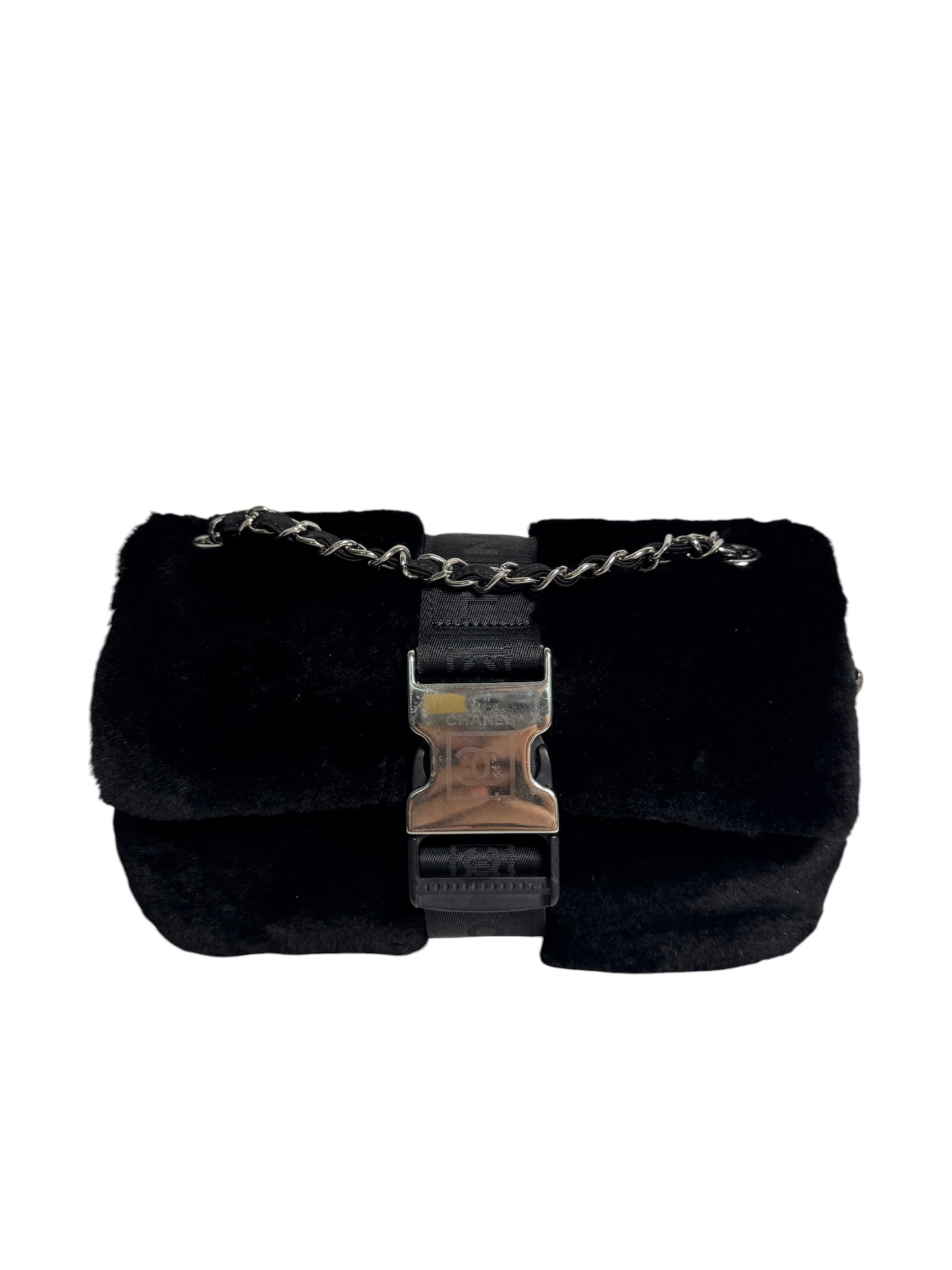 Chanel Black Rabbit Fur Sport Flap T8773
