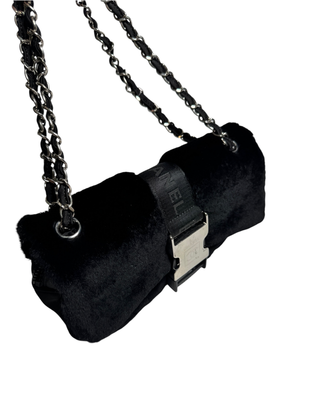 Chanel Black Rabbit Fur Sport Flap T8773