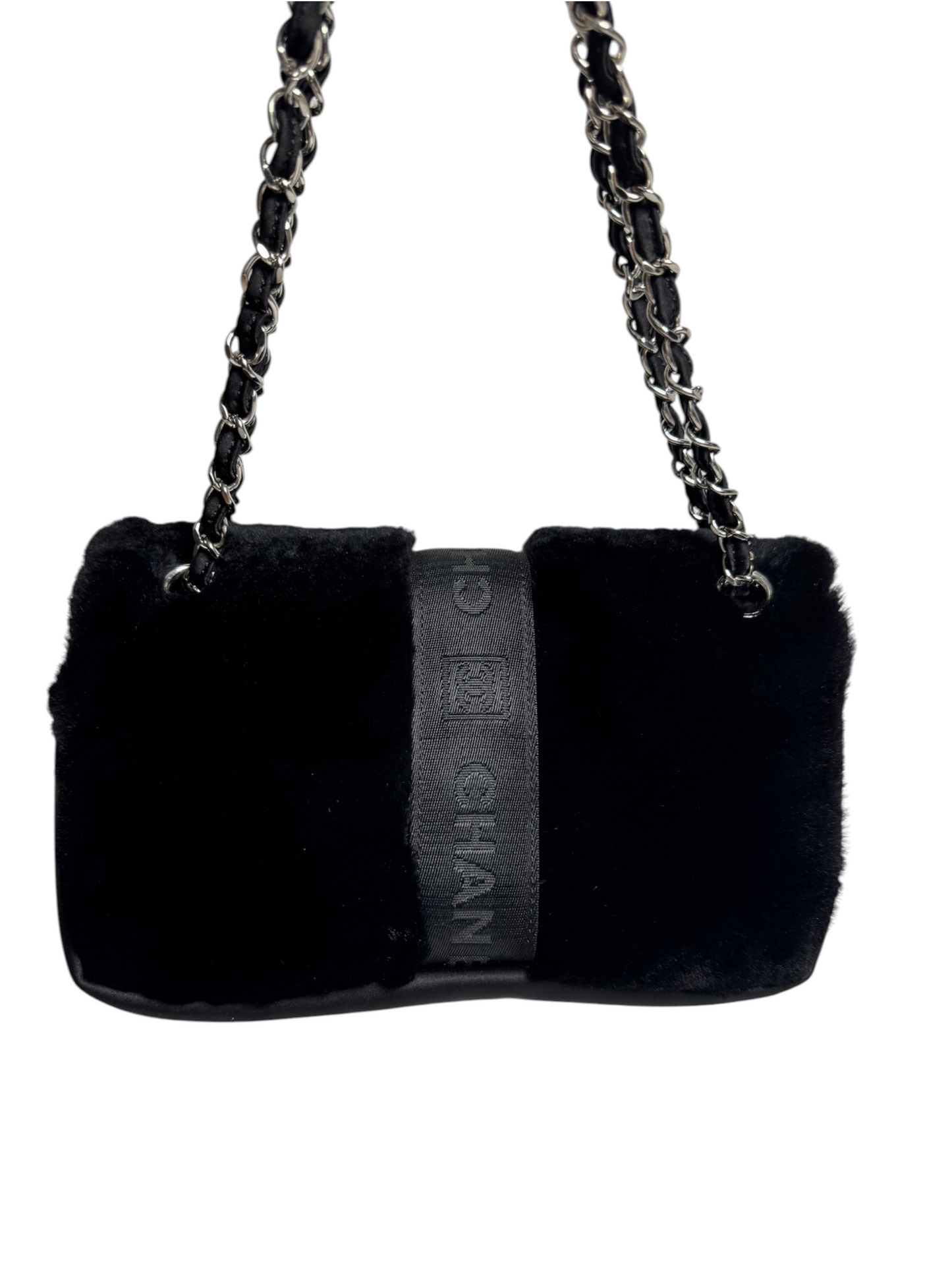 Chanel Black Rabbit Fur Sport Flap T8773