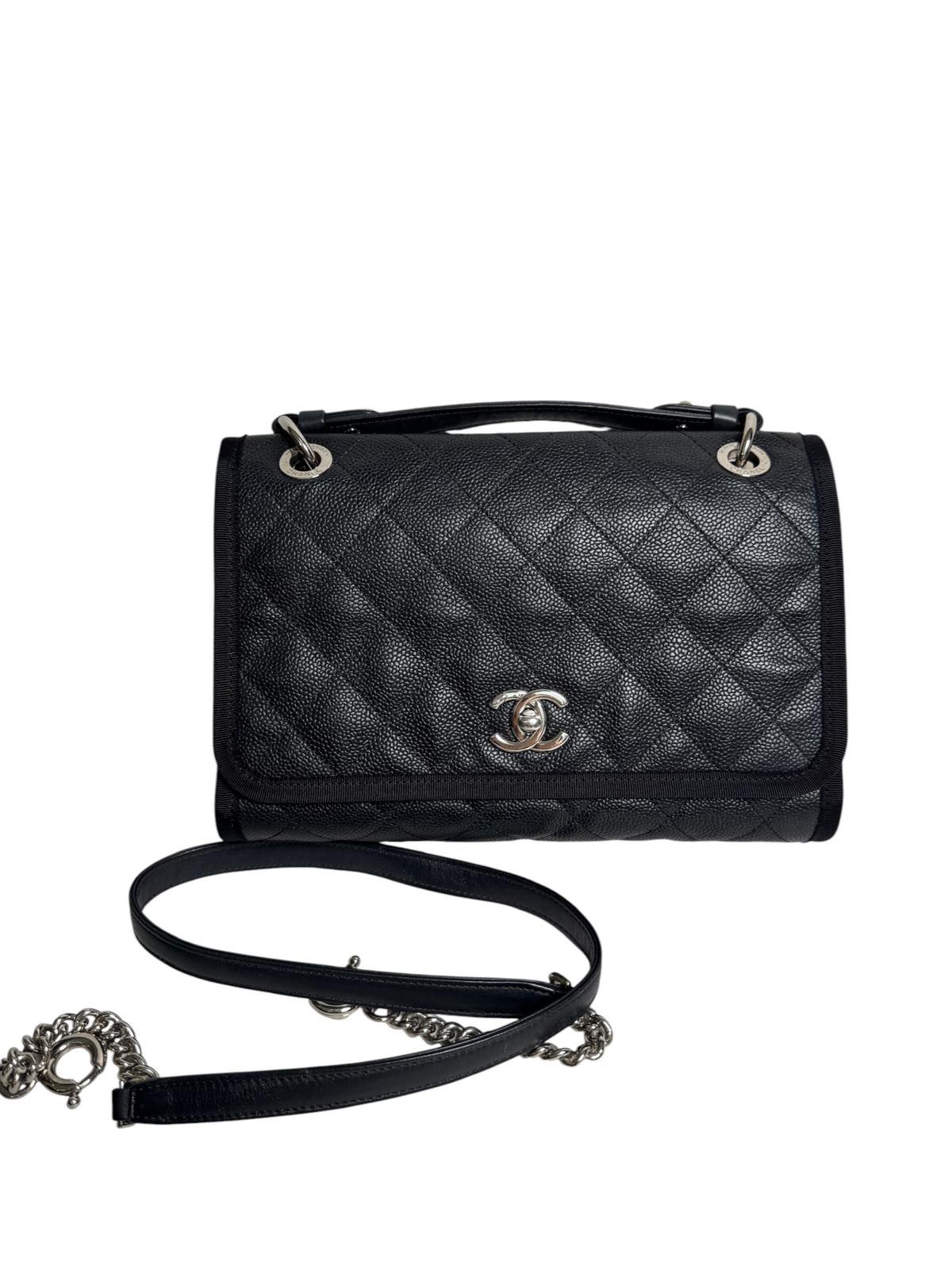 Chanel Black Caviar Top Handle Flap Fabric Trim SHW T8774