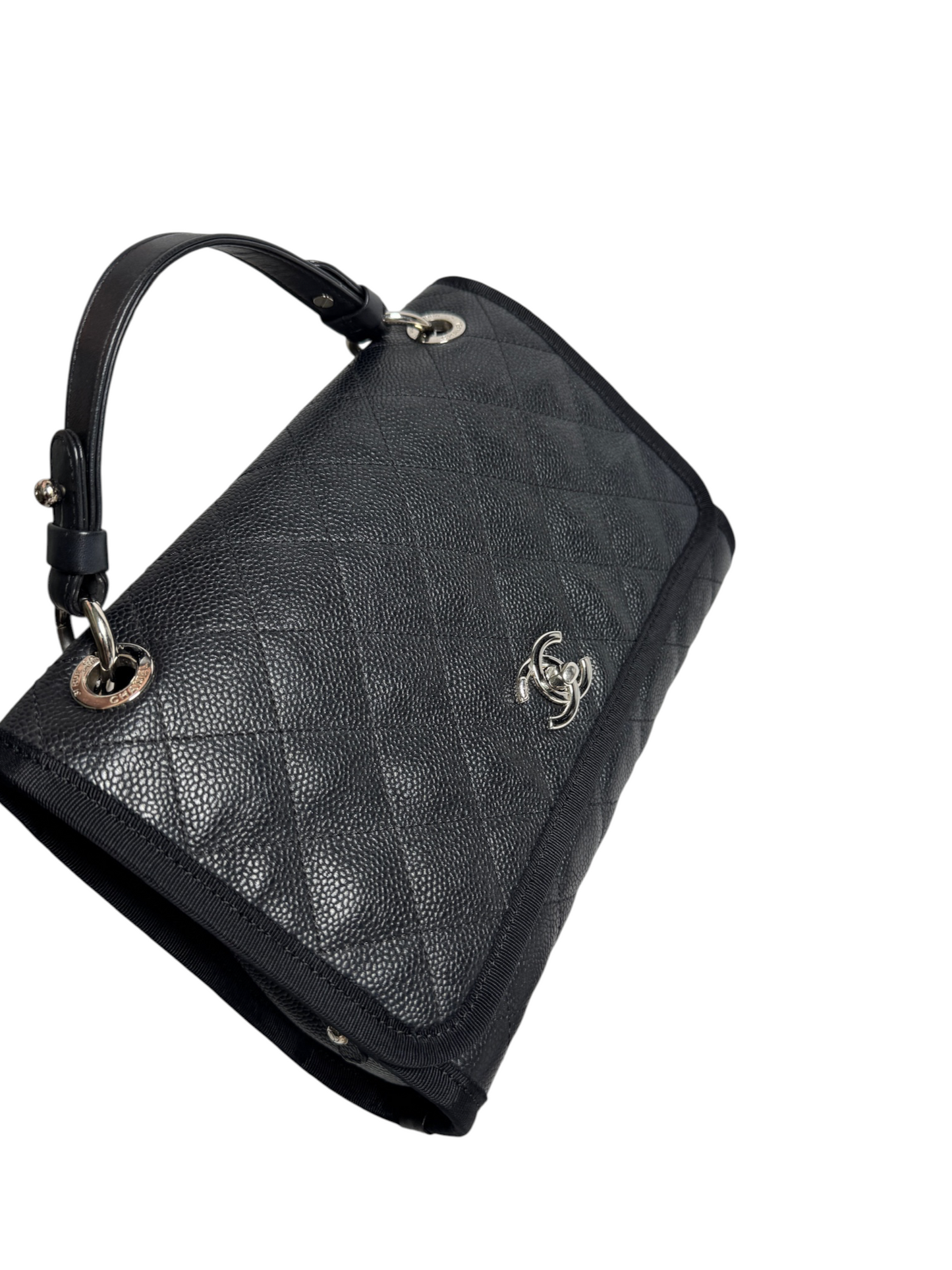Chanel Black Caviar Top Handle Flap Fabric Trim SHW T8774