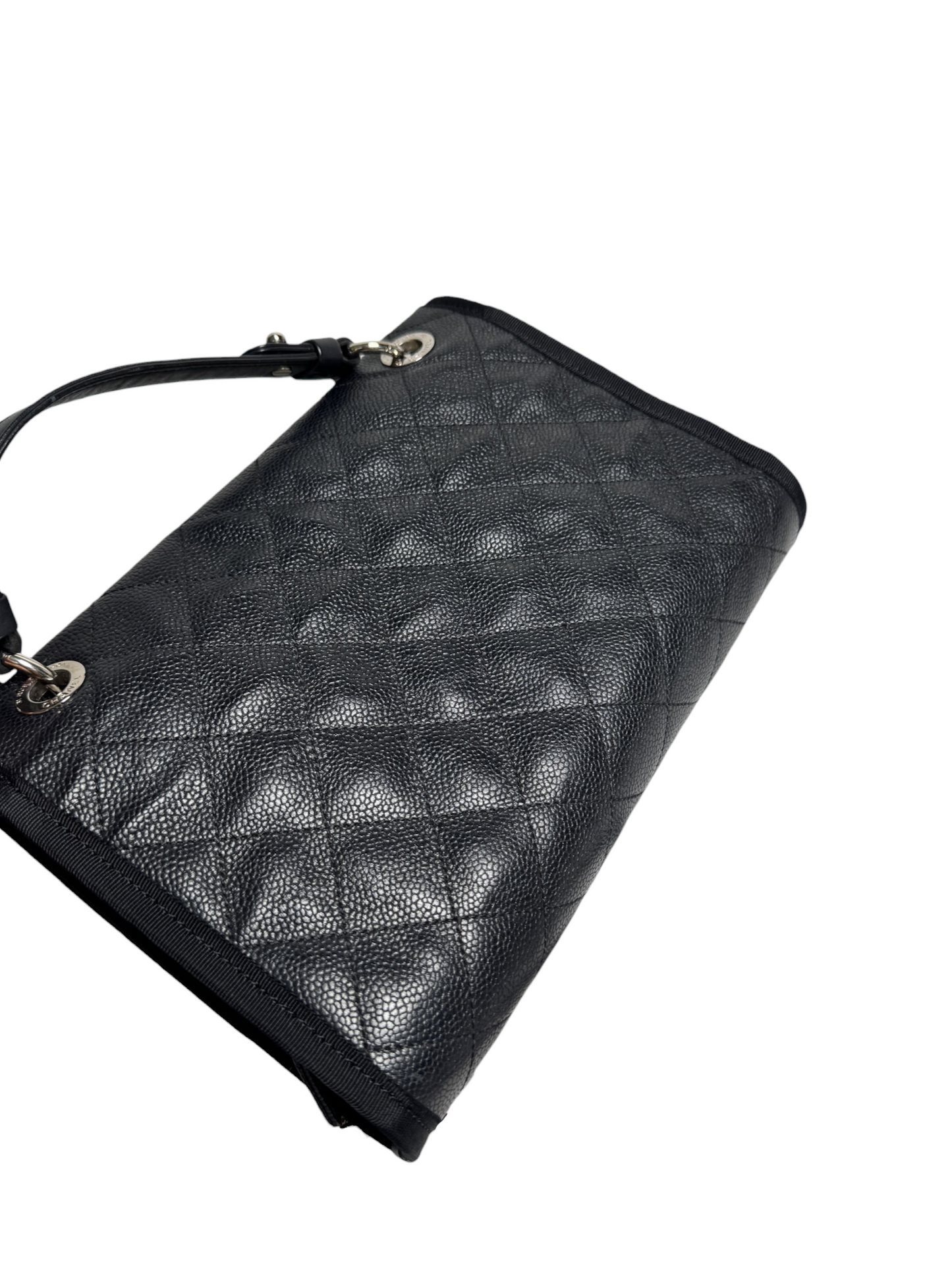 Chanel Black Caviar Top Handle Flap Fabric Trim SHW T8774