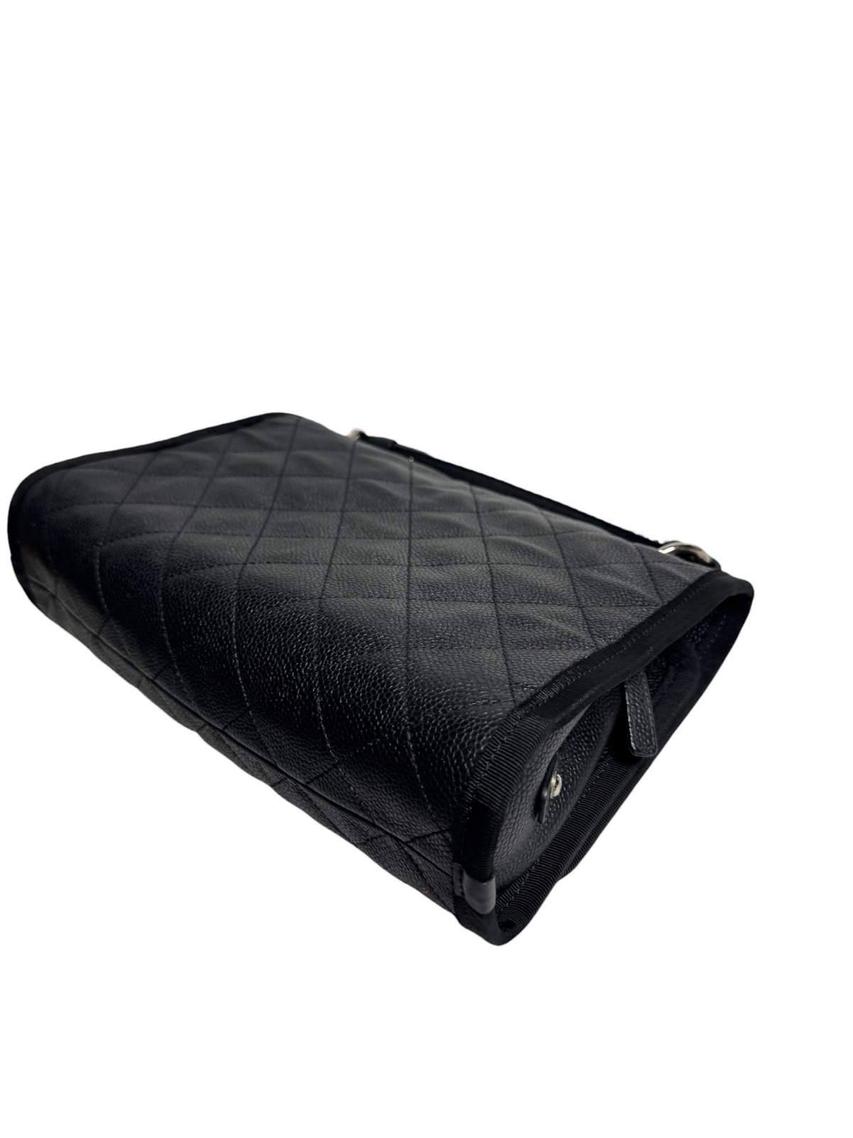 Chanel Black Caviar Top Handle Flap Fabric Trim SHW T8774