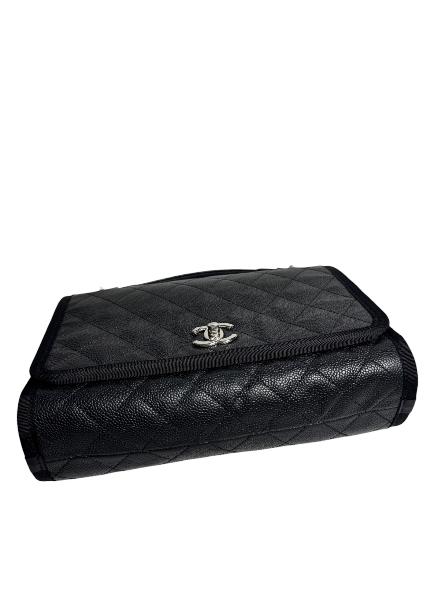 Chanel Black Caviar Top Handle Flap Fabric Trim SHW T8774