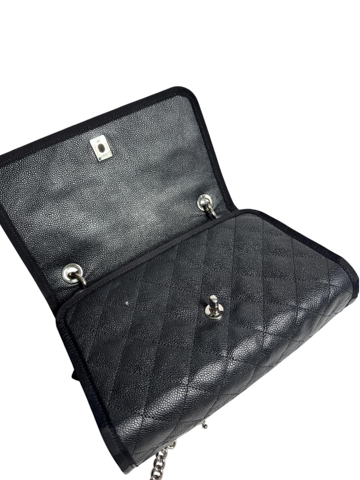 Chanel Black Caviar Top Handle Flap Fabric Trim SHW T8774