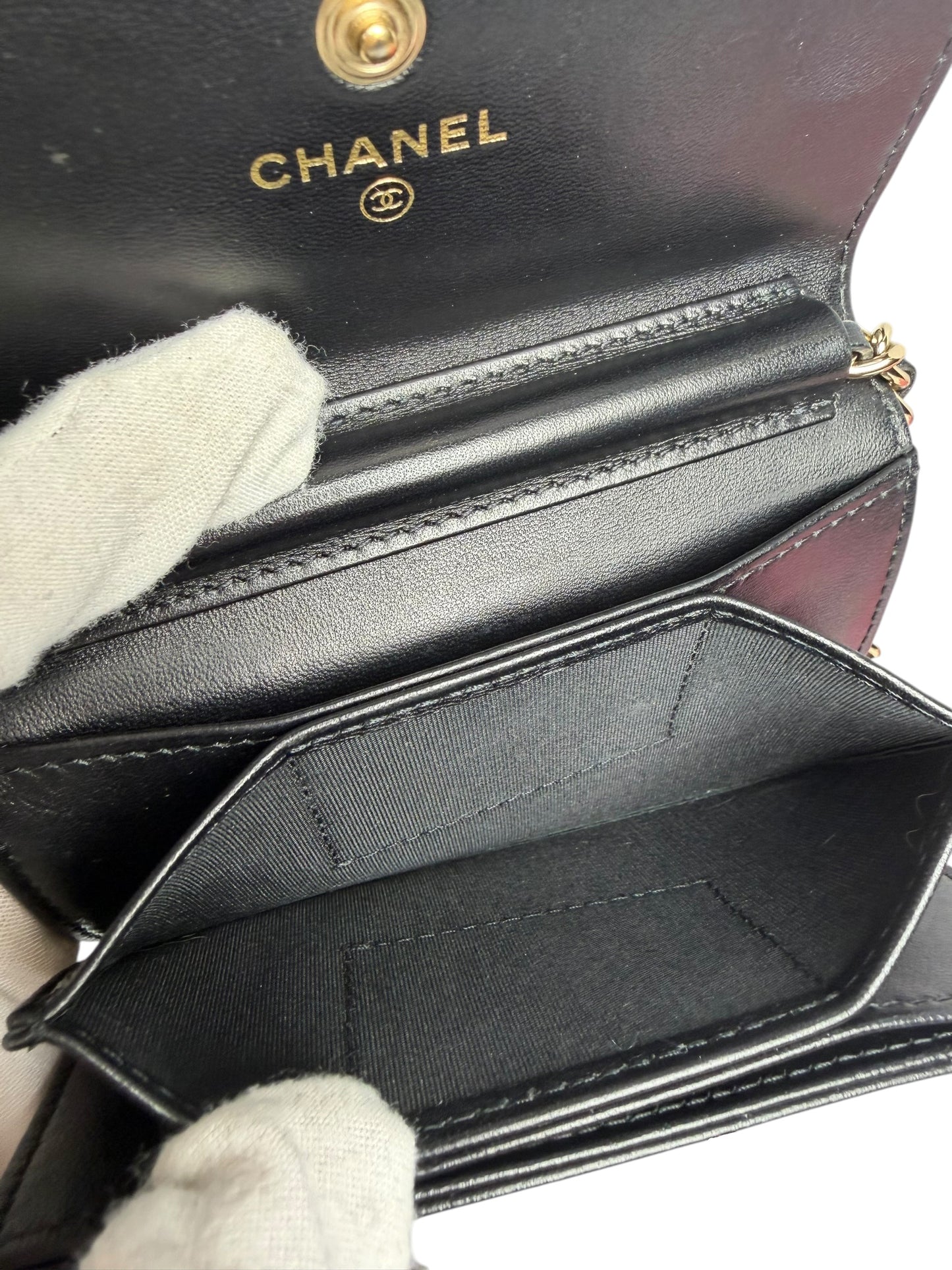 Chanel Micro Card Case with Camellia Chain