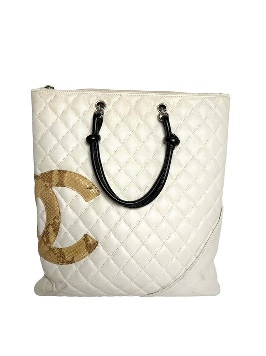 Chanel White Quilted Cambon Flat Tote with Python CC