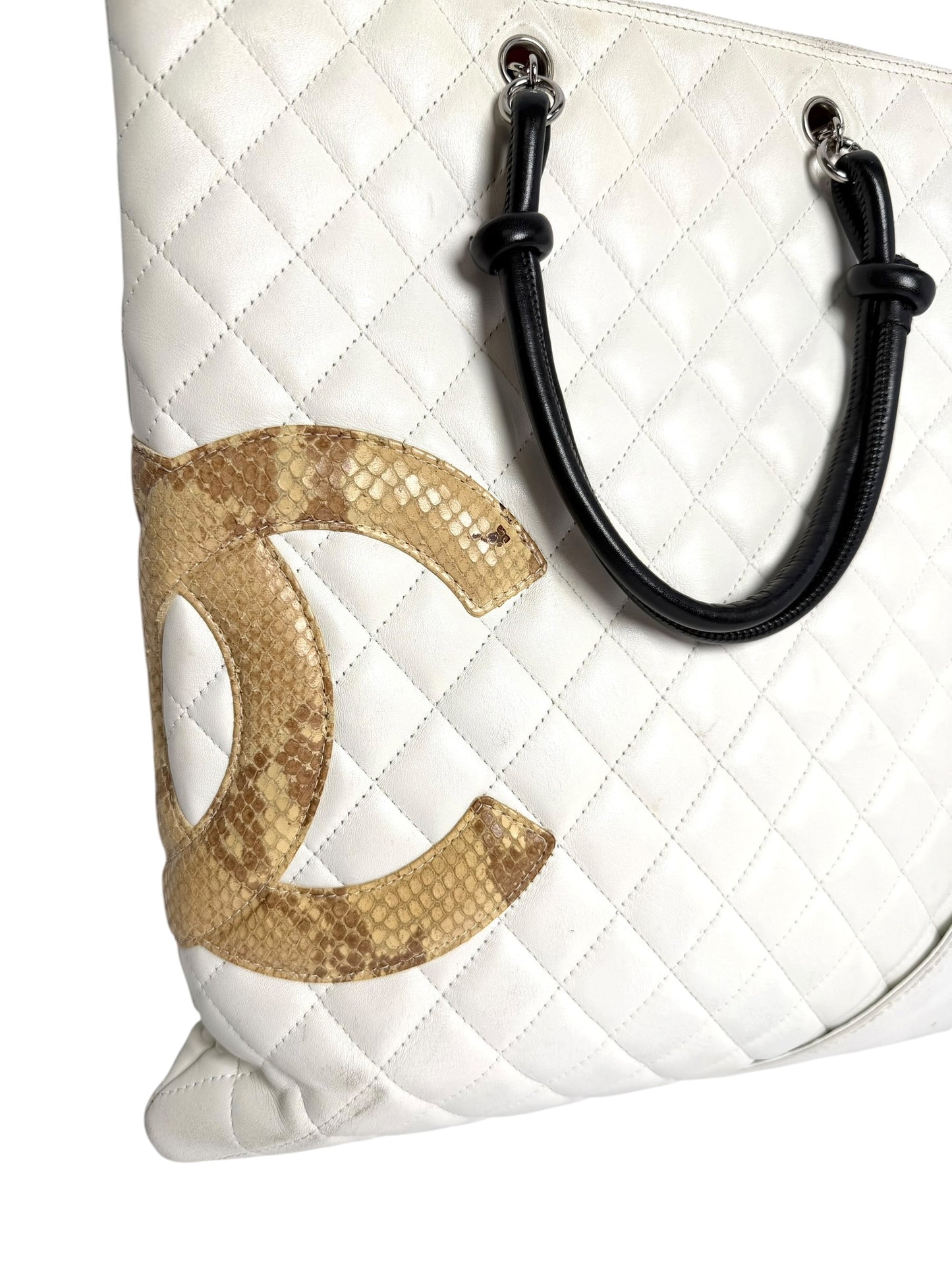 Chanel White Quilted Cambon Flat Tote with Python CC