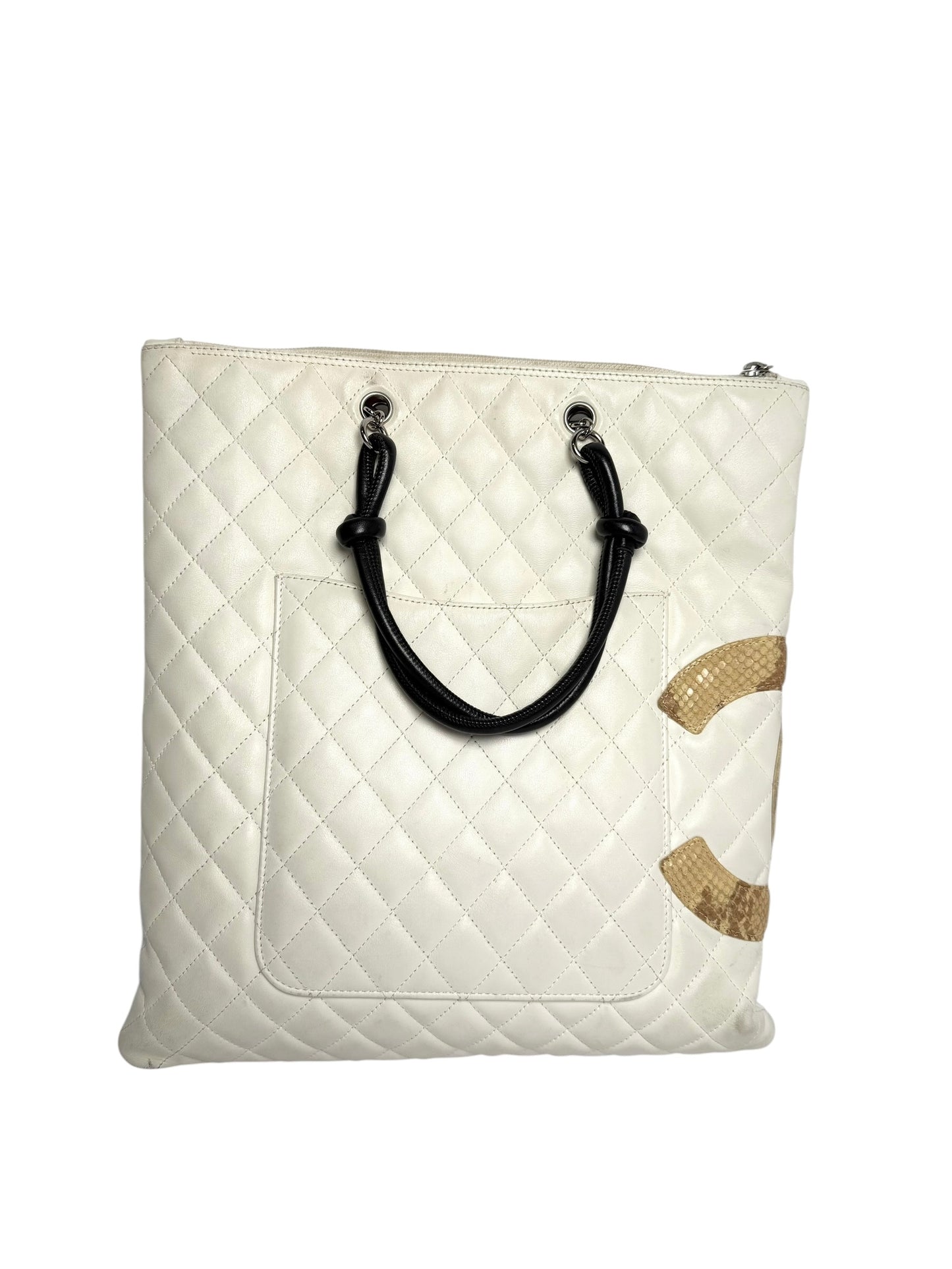 Chanel White Quilted Cambon Flat Tote with Python CC