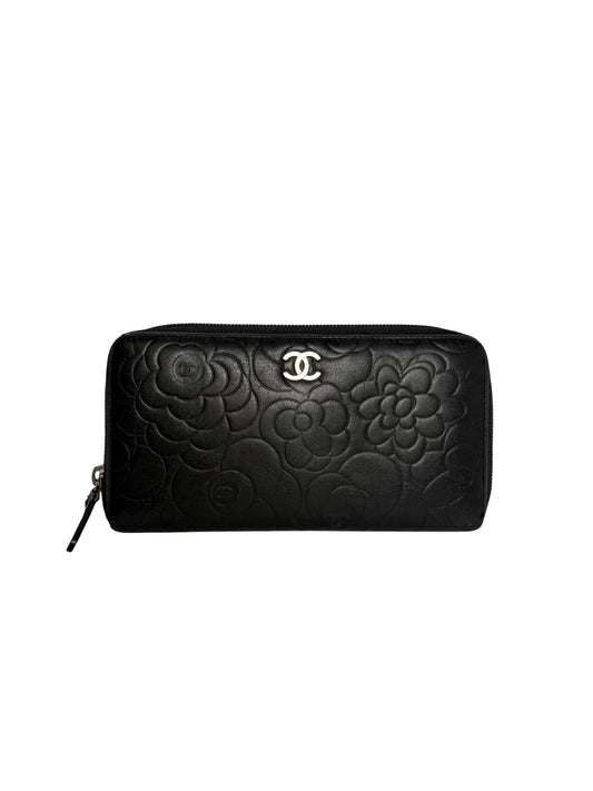 Chanel Camellia Black Zip Around Wallet