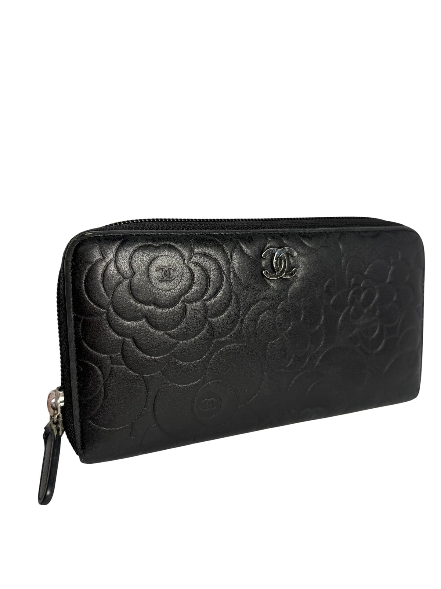 Chanel Camellia Black Zip Around Wallet