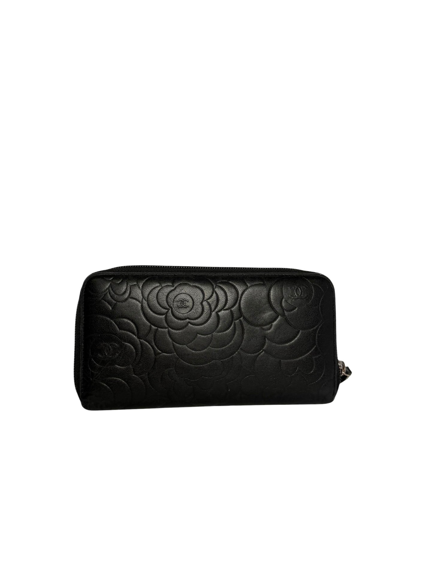Chanel Camellia Black Zip Around Wallet