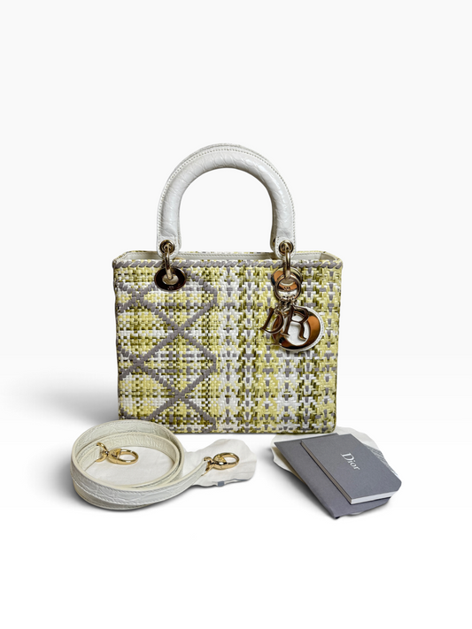 Dior Yellow Raffia Cannage Medium Lady Dior T8887