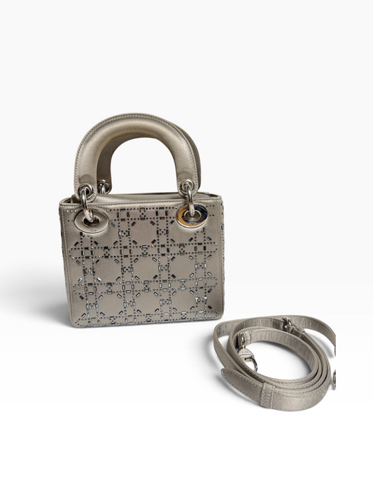 Dior Grey Satin Crystal Embellished Mini Lady Dior SHW T8888