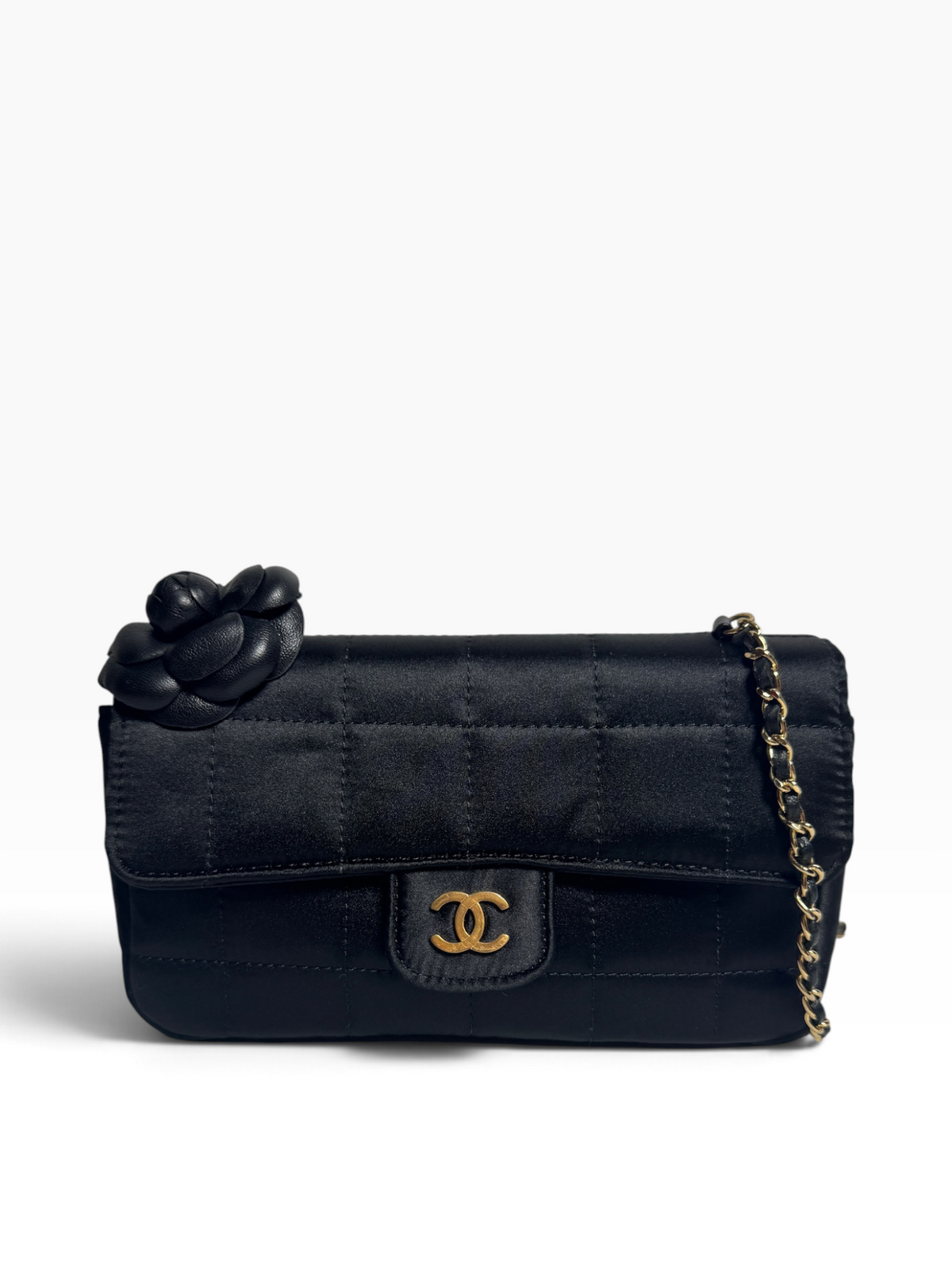 Chanel Black Satin Mini Camellia Flap T8896