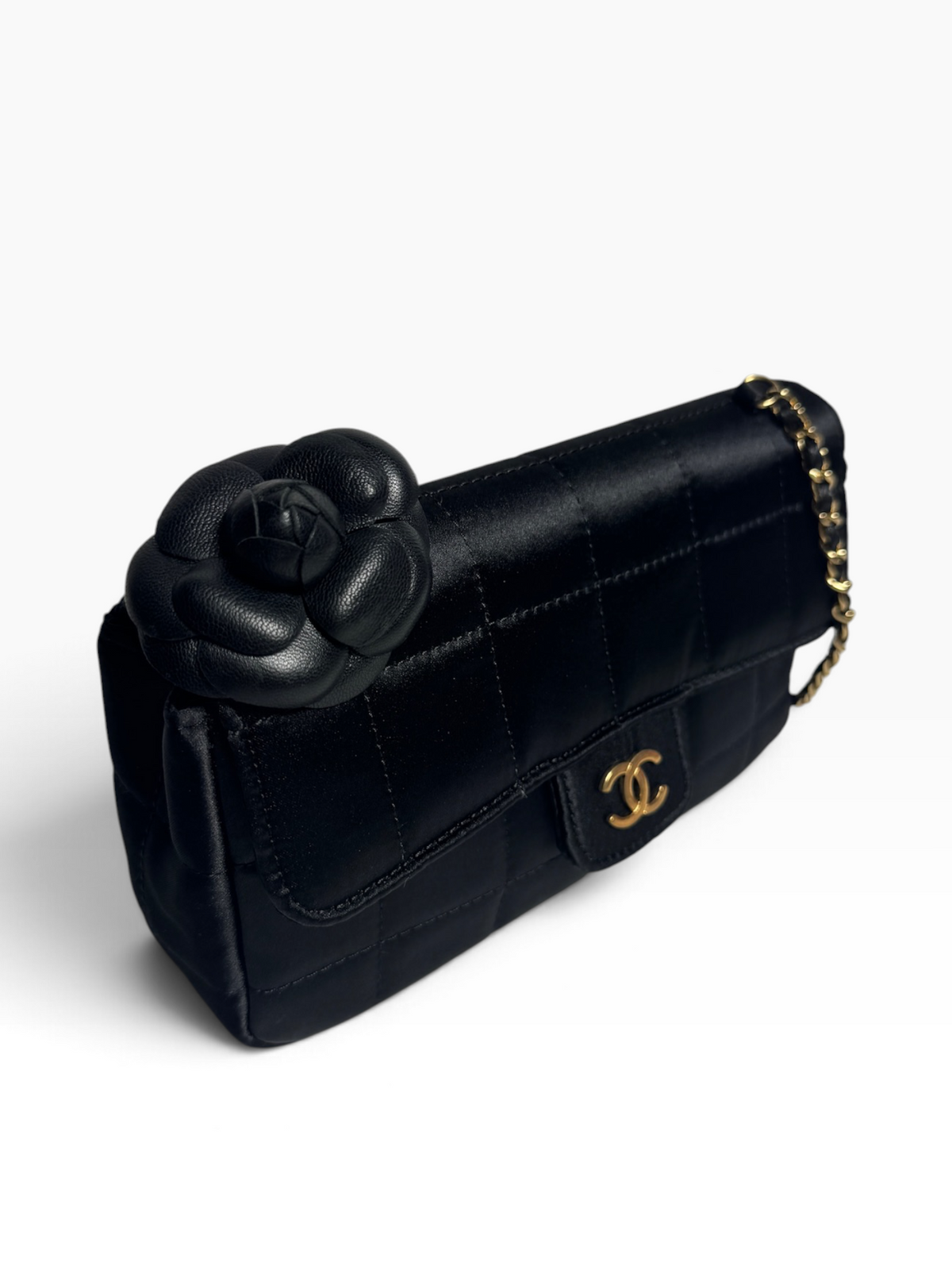 Chanel Black Satin Mini Camellia Flap T8896