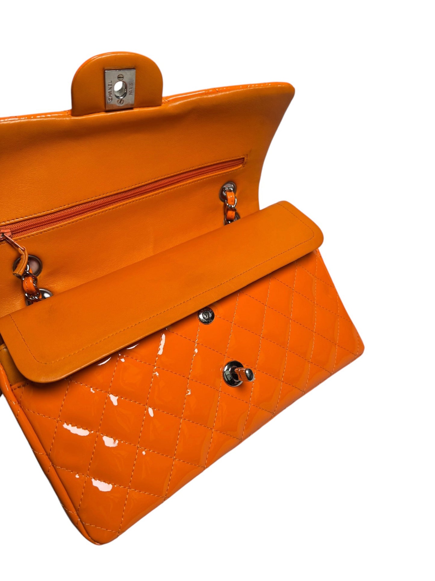 Chanel Patent Orange Medium Classic Double Flap