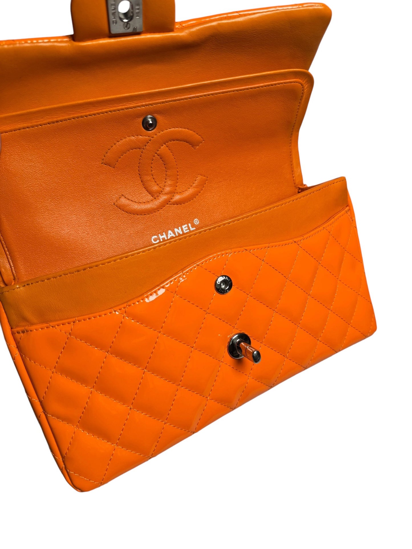 Chanel Patent Orange Medium Classic Double Flap