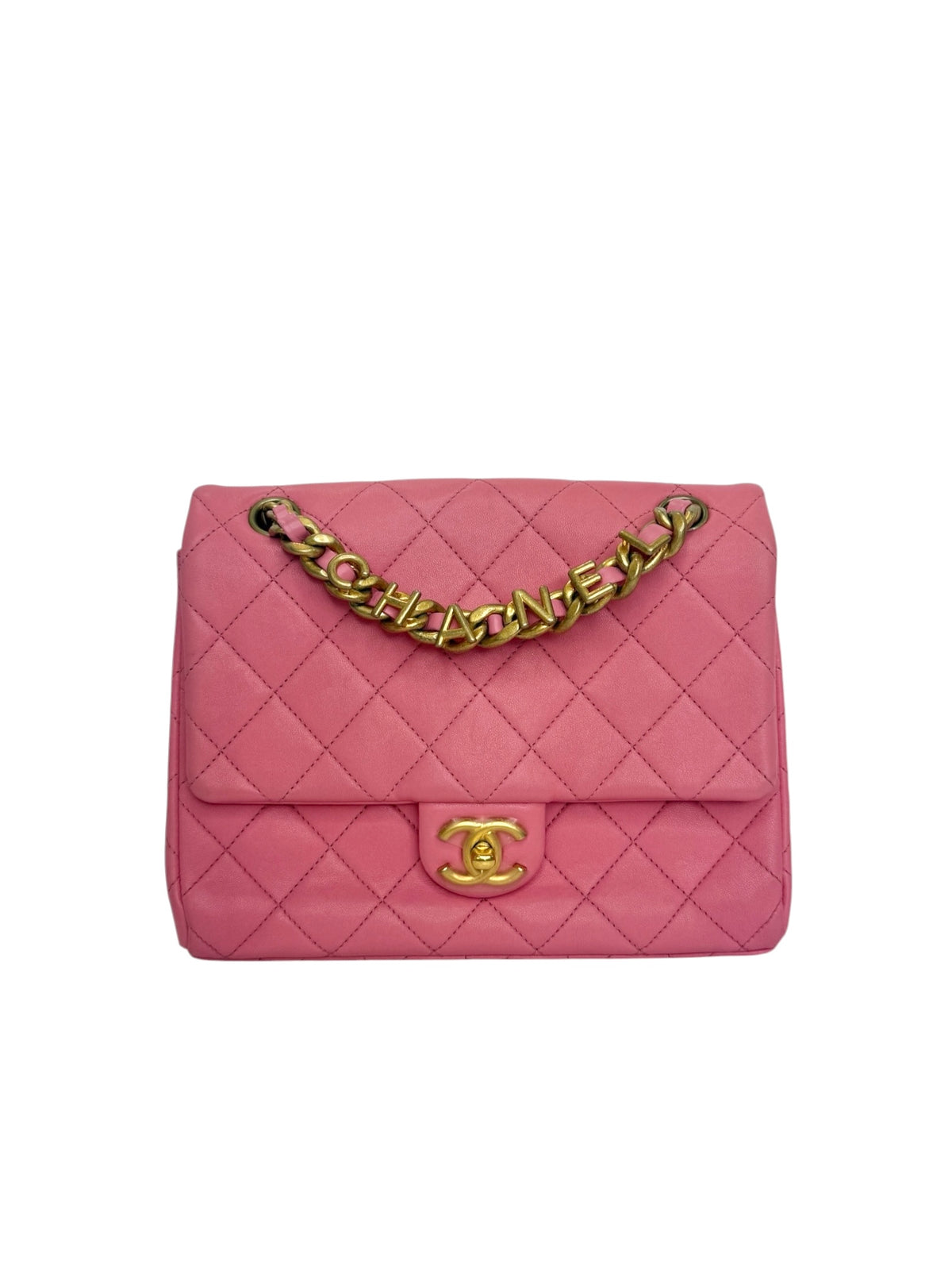 Chanel Pink Logo Letters Chain Square Flap T1085