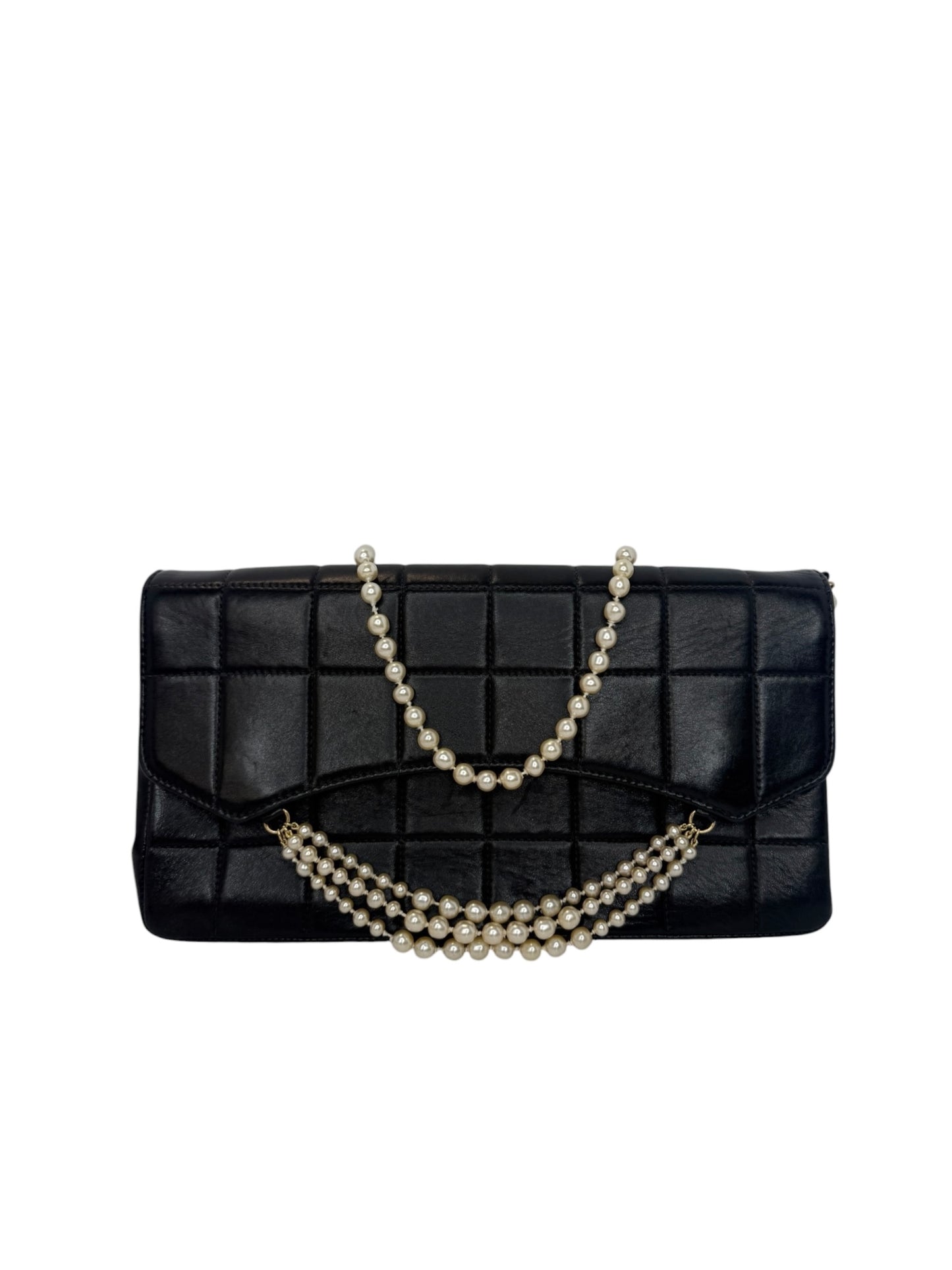 Chanel Black Chocolate Bar Lambskin Pearl Chain Shoulder Bag T3880